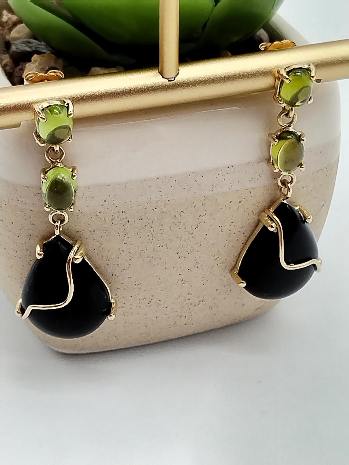 Peridot Tropfen Ohrringe, 14k Massivgold Ohrringe, Onyx Tropfen Ohrringe