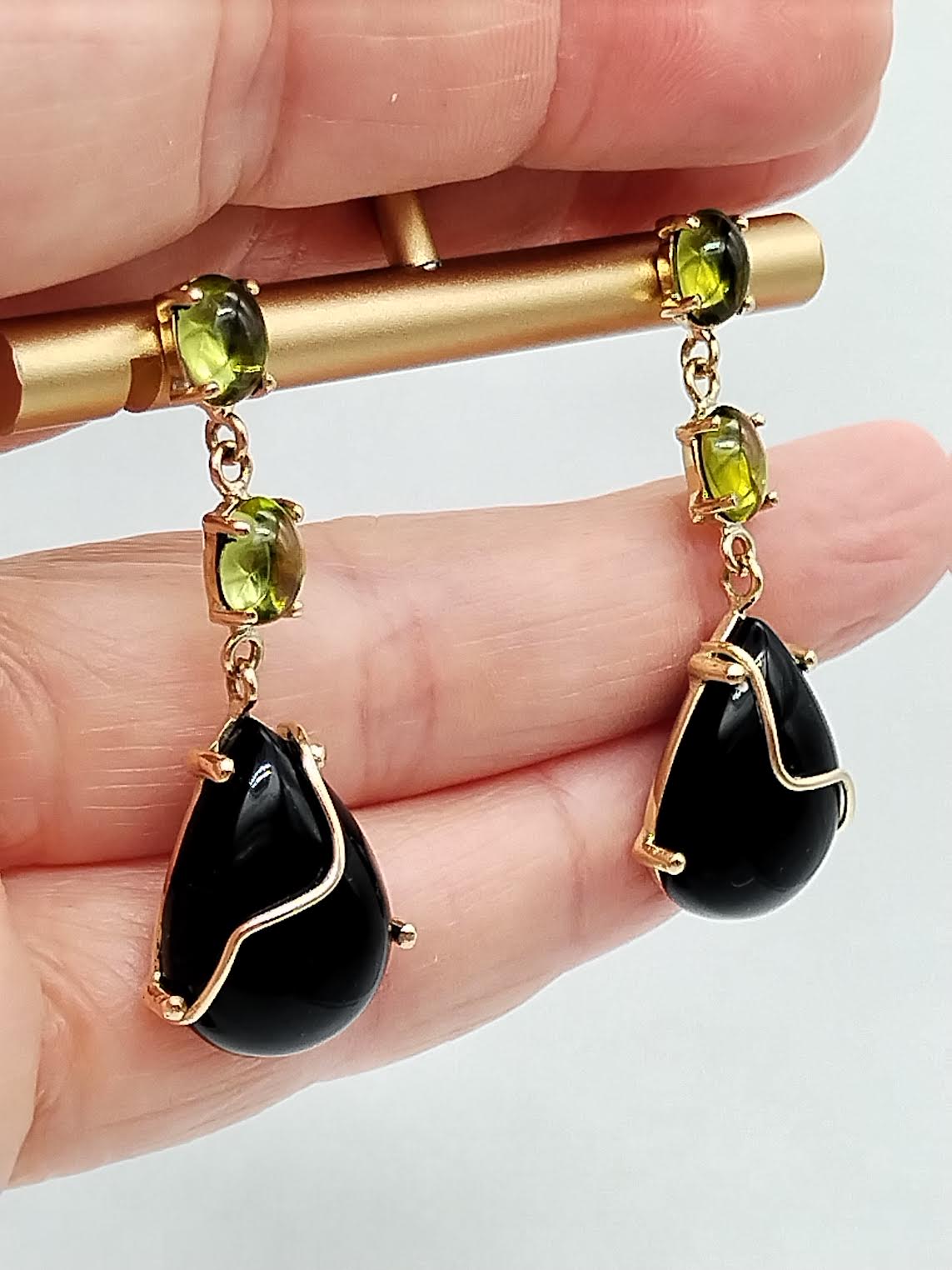 Peridot Drop Dangle Earrings,14k Solid Gold Earrings, Onyx Teardrop Earrings