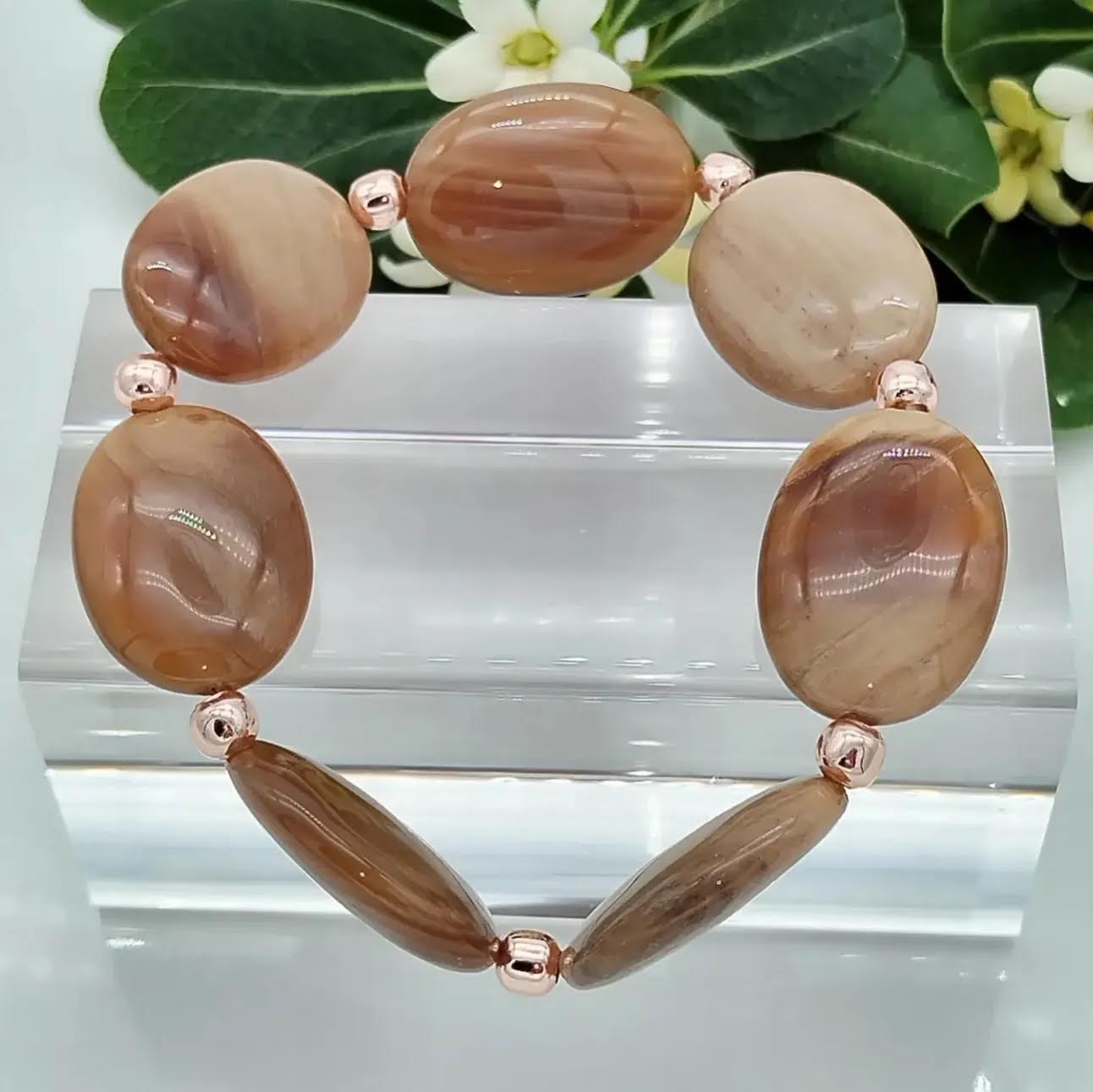 Pulsera de madera petrificada, pulsera de piedras preciosas, pulsera de cuentas, pulsera ovalada terrosa, pulsera de oro