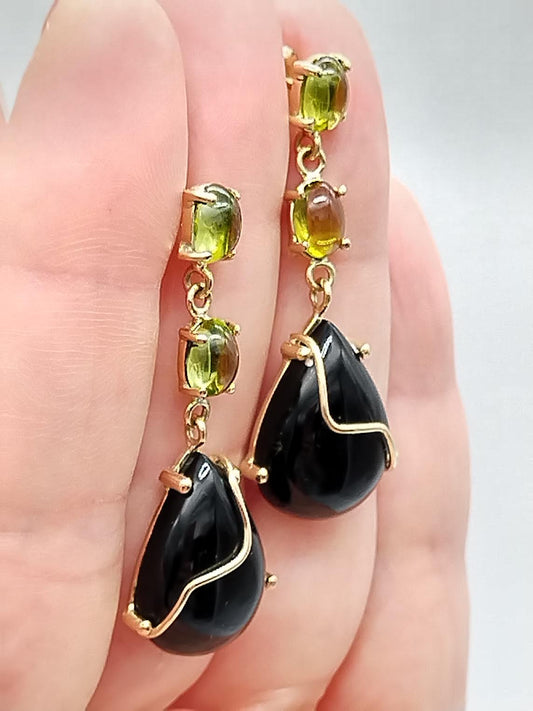 Peridot Drop Dangle Earrings,14k Solid Gold Earrings, Onyx Teardrop Earrings