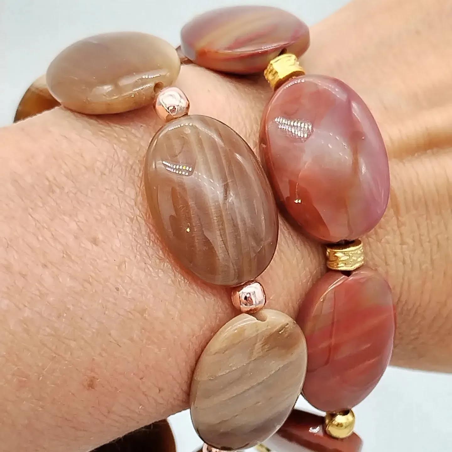 Petrified Wood Bracelet, Gemstone Bracelet, Beaded Bracelet, Earthy Oval Bracelet, Gold Bracelet