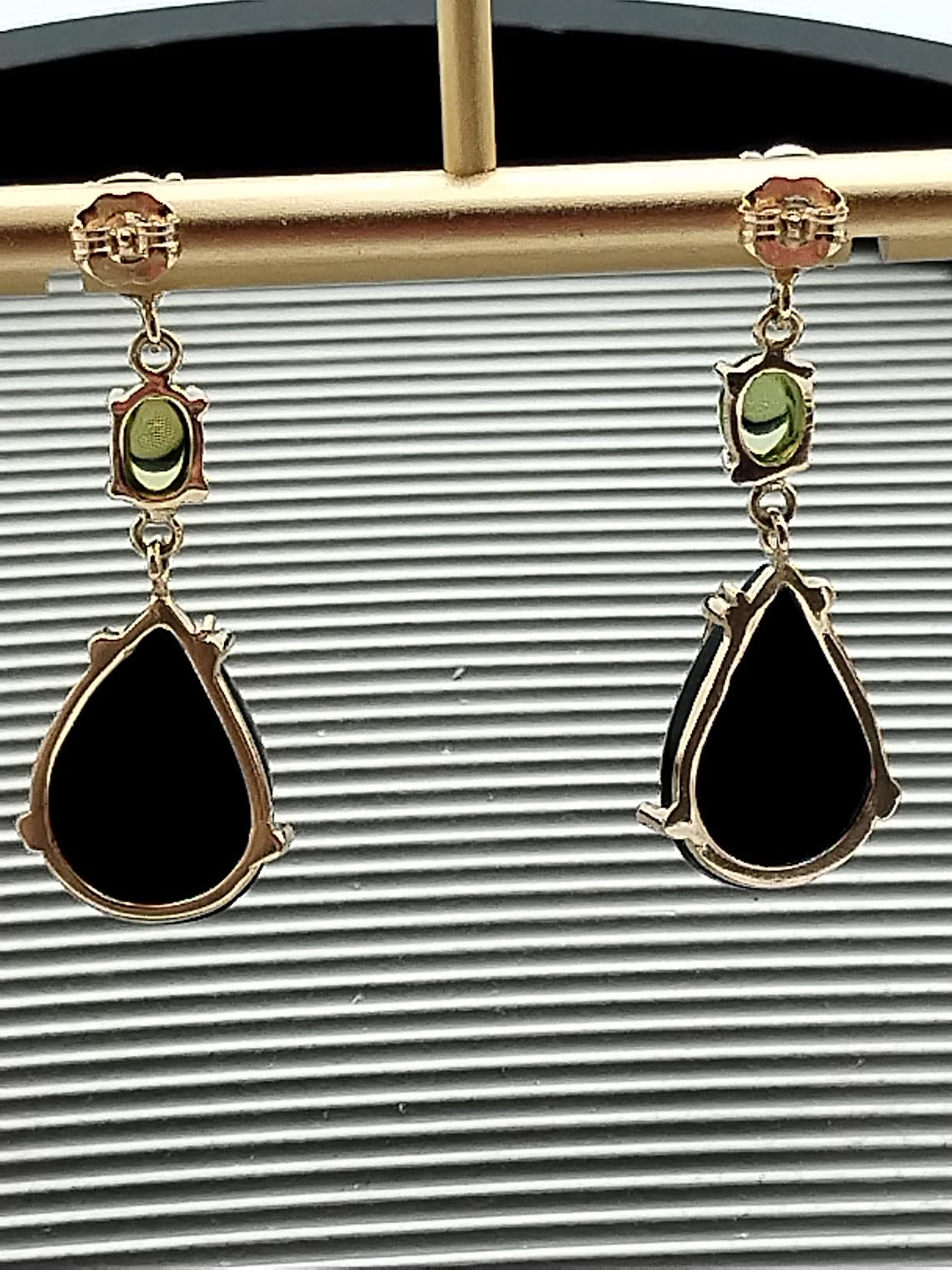 Peridot Drop Dangle Earrings,14k Solid Gold Earrings, Onyx Teardrop Earrings