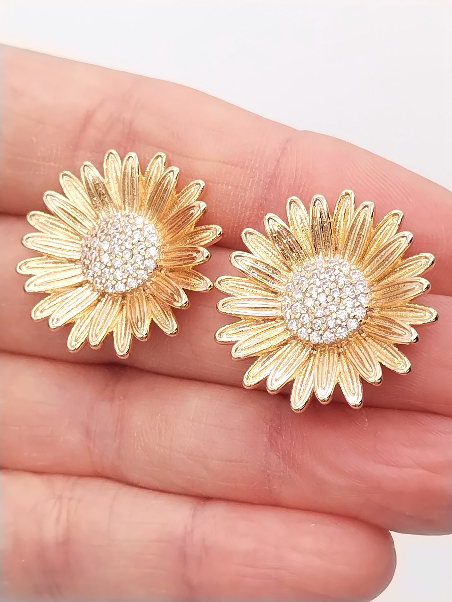 Sun Flower Earrings, Button Gold Studs, CZ sparkling, Women Jewelry, Gifts, Girls