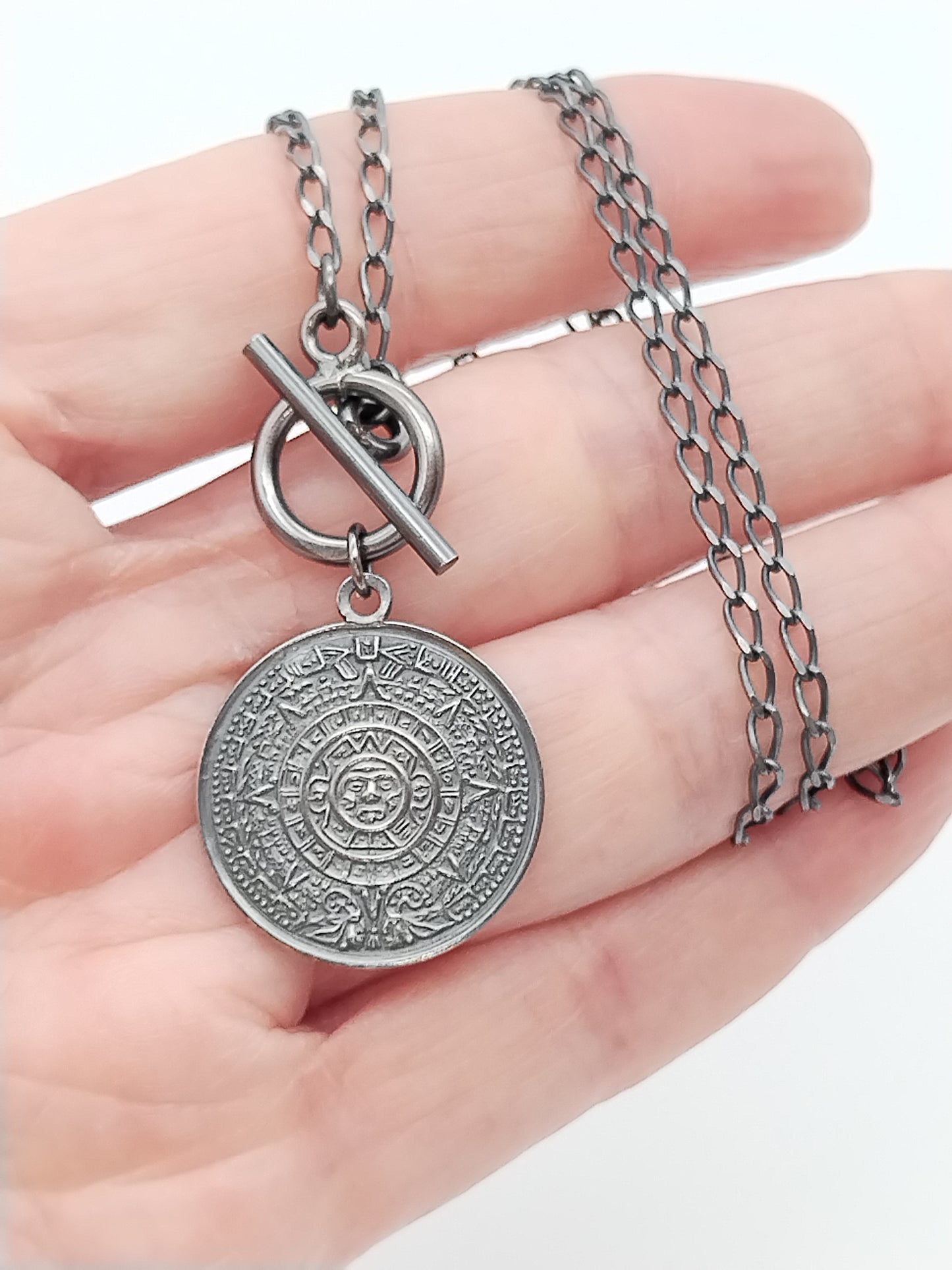 Münzkette aus Sterlingsilber, Wendbare Maya-Münze, Kette, Unikat, trendiger Schmuck, Geschenk, für Frauen