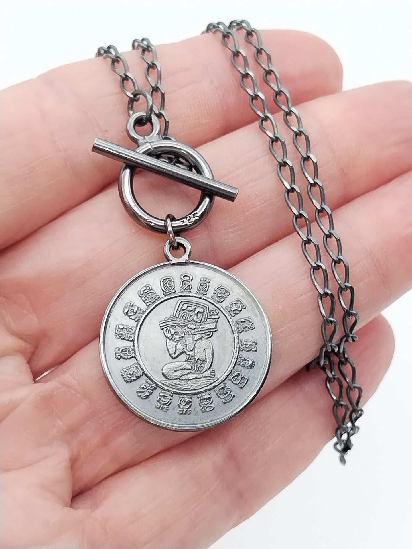 Sterling Silver Coin Necklace, Reversible Maya Coin, Chain, Unique, Trendy Jewelry, Gift, For Women