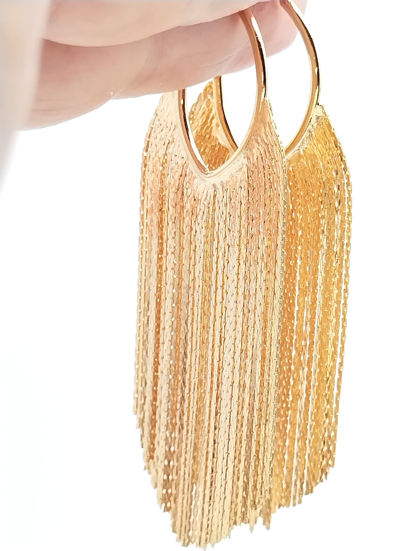 Gold Tassel Hoops, Festive Fringe Hoop Earrings, Sparkling, Large and Long, Gift, Holidays, Women