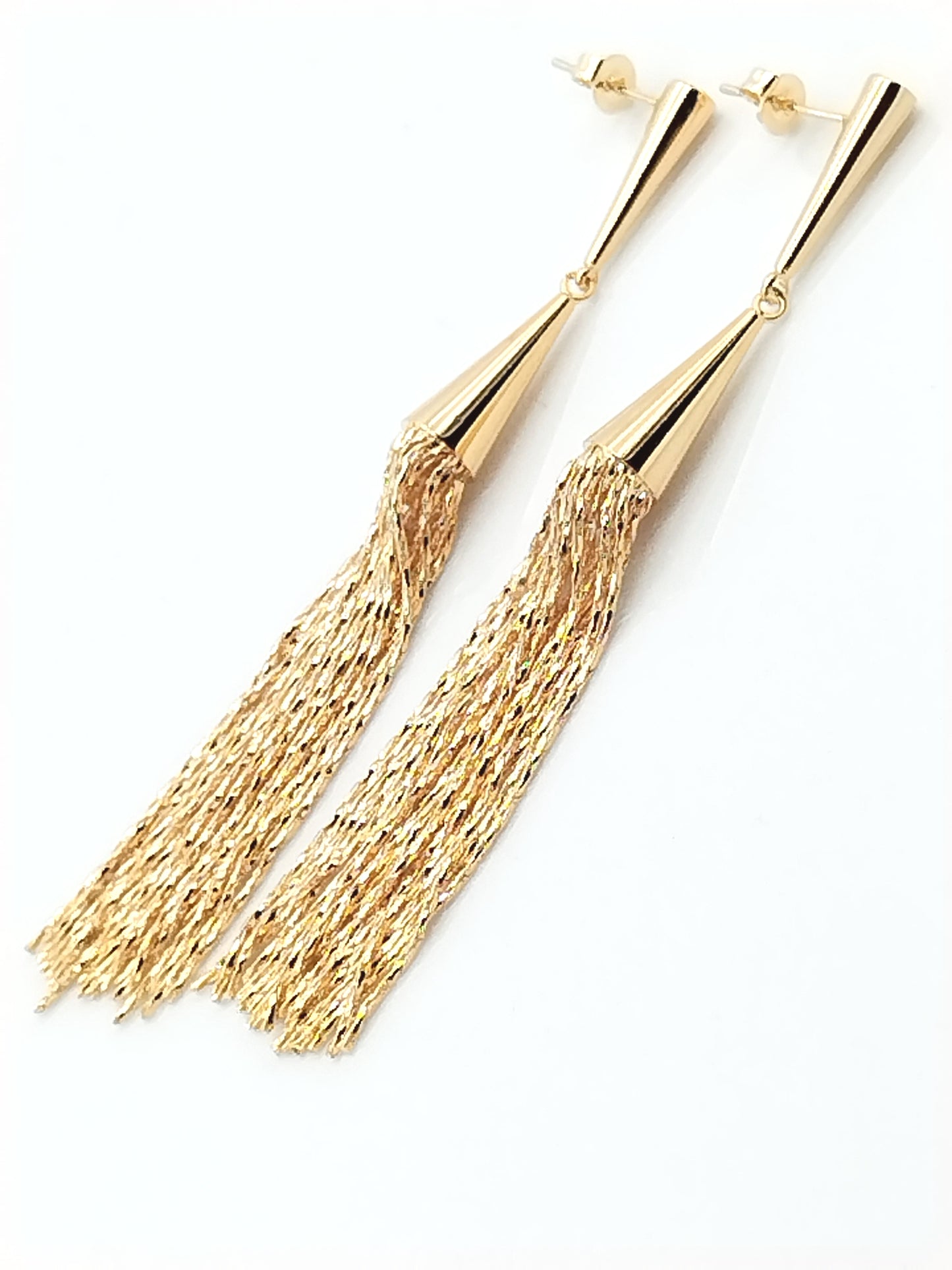 Festive Gold Tassel Earrings, Conic Fringe Chain Dangles, Trendy Jewelry, Women, Gift, Holidays