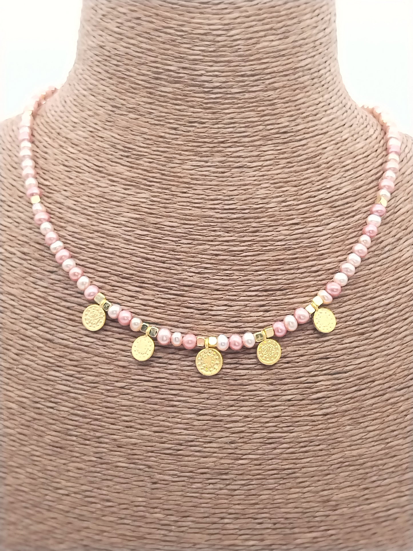 Pink Fresh Water Pearls Necklace, Gold Coins Choker, Small, Gift, Trendy, Classy, Women