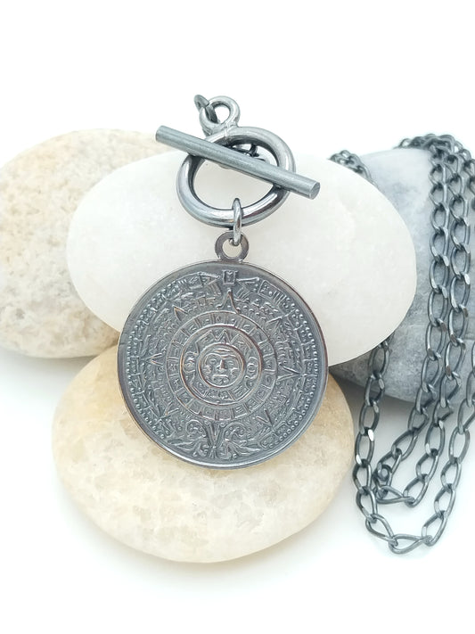 Sterling Silver Coin Necklace, Reversible Maya Coin, Chain, Unique, Trendy Jewelry, Gift, For Women