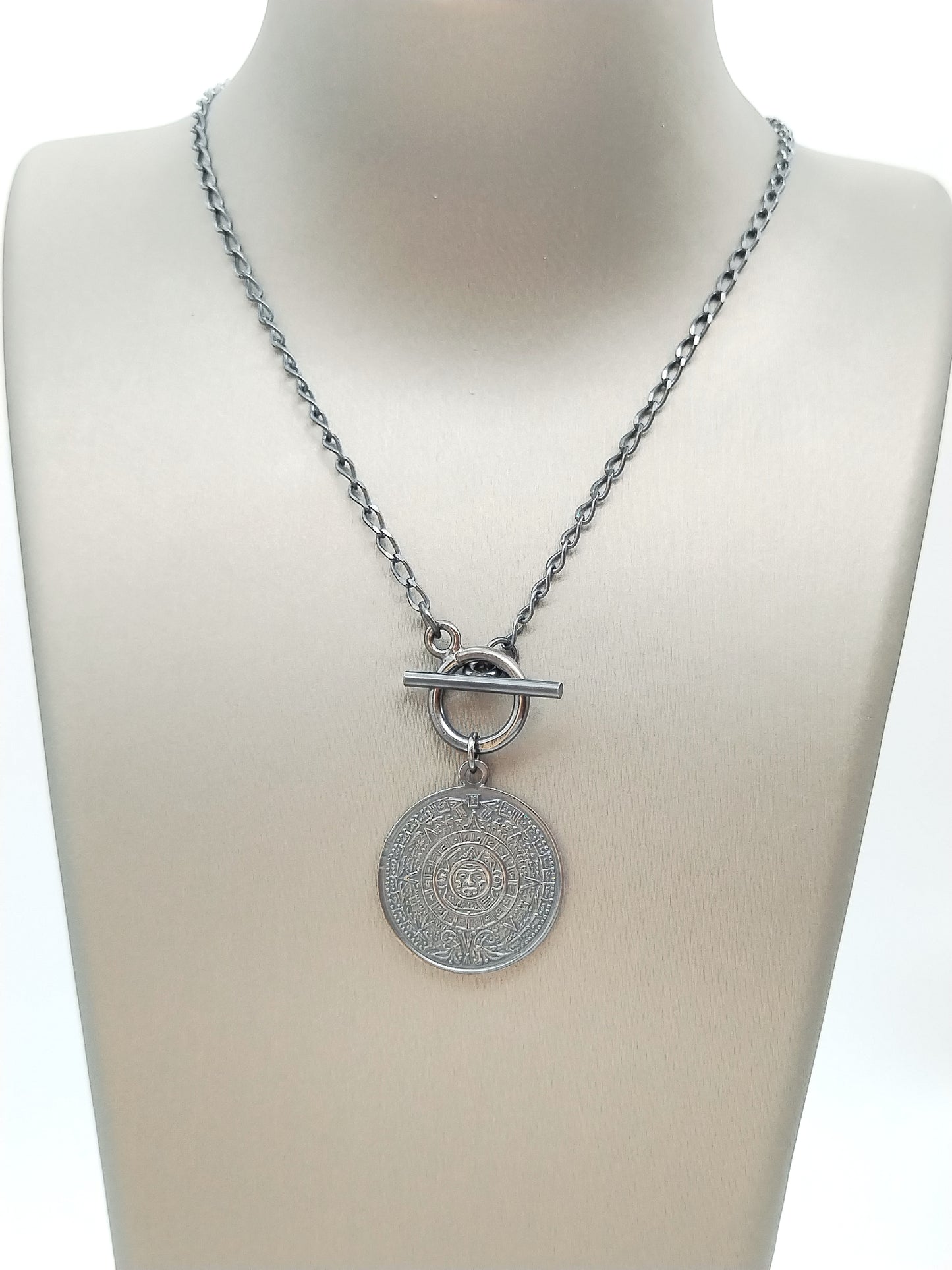 Collar con moneda de plata de ley, moneda maya reversible, cadena, joyería única y de moda, regalo para mujer