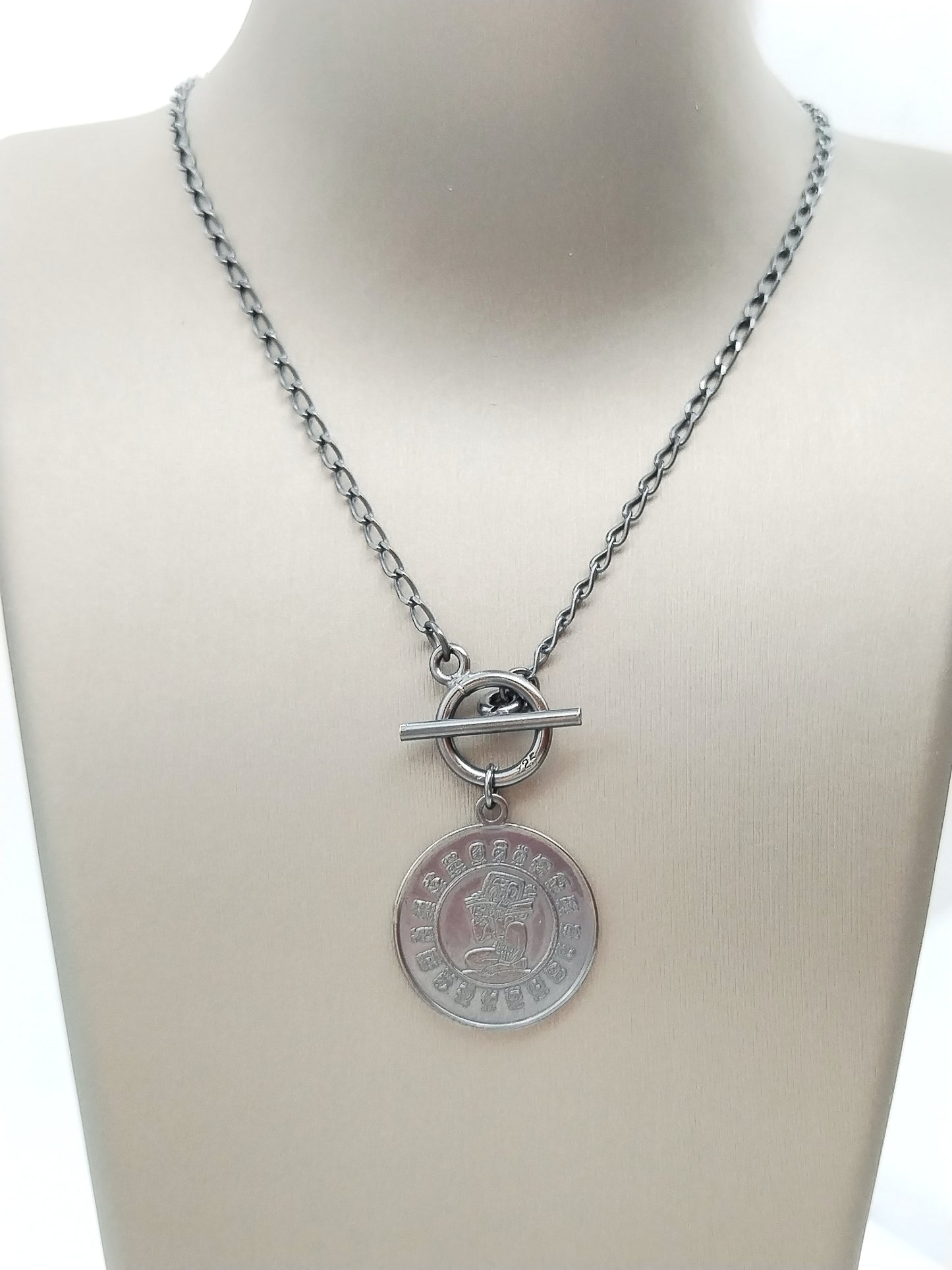 Münzkette aus Sterlingsilber, Wendbare Maya-Münze, Kette, Unikat, trendiger Schmuck, Geschenk, für Frauen