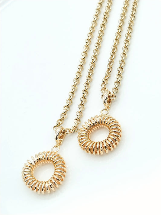 Round Gold Spiral Necklace, Unisex Donuts Charm, Rollo Chain, Removal Pendant, Trendy, Gift, Mom