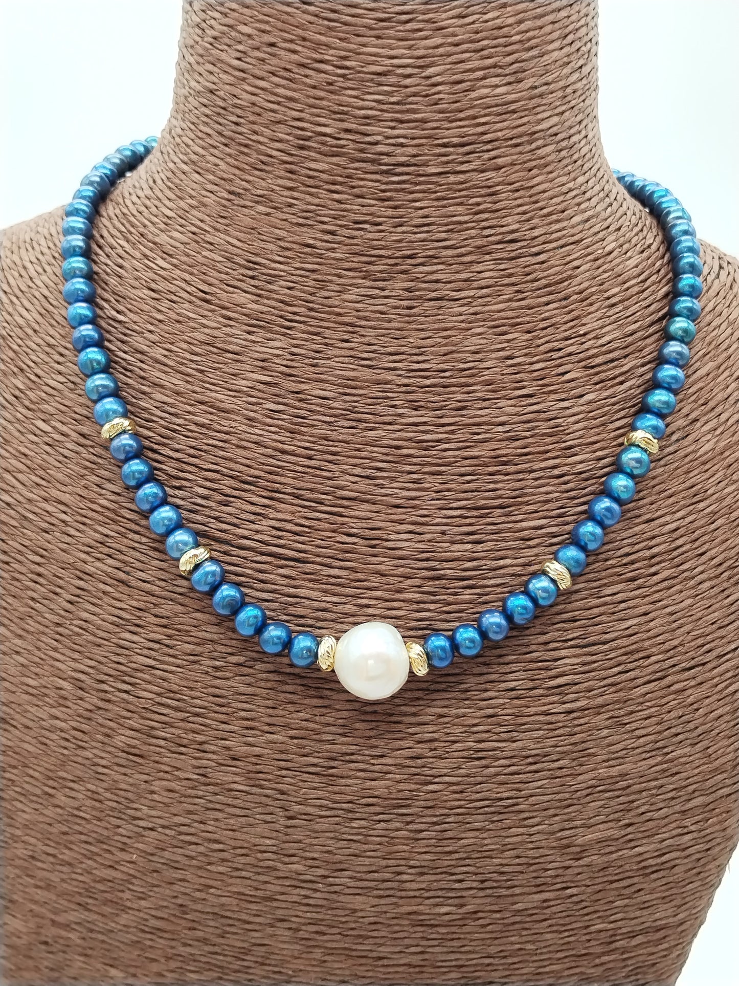 Elegant Blue Pearl Necklace with Gold Accents and Edison Focal Pearl - Trendy Statement Jewelry, Gift, Women