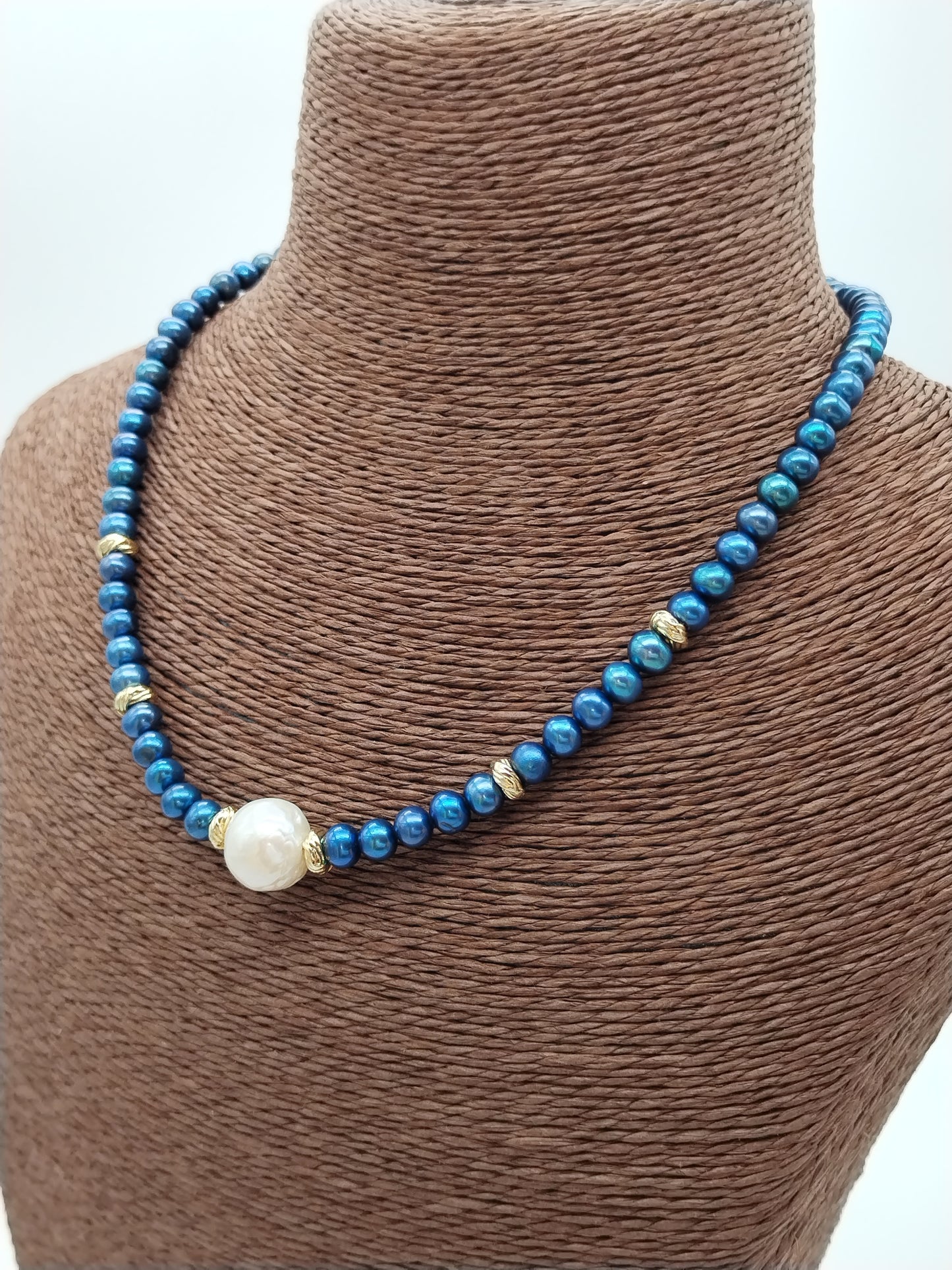 Elegant Blue Pearl Necklace with Gold Accents and Edison Focal Pearl - Trendy Statement Jewelry, Gift, Women