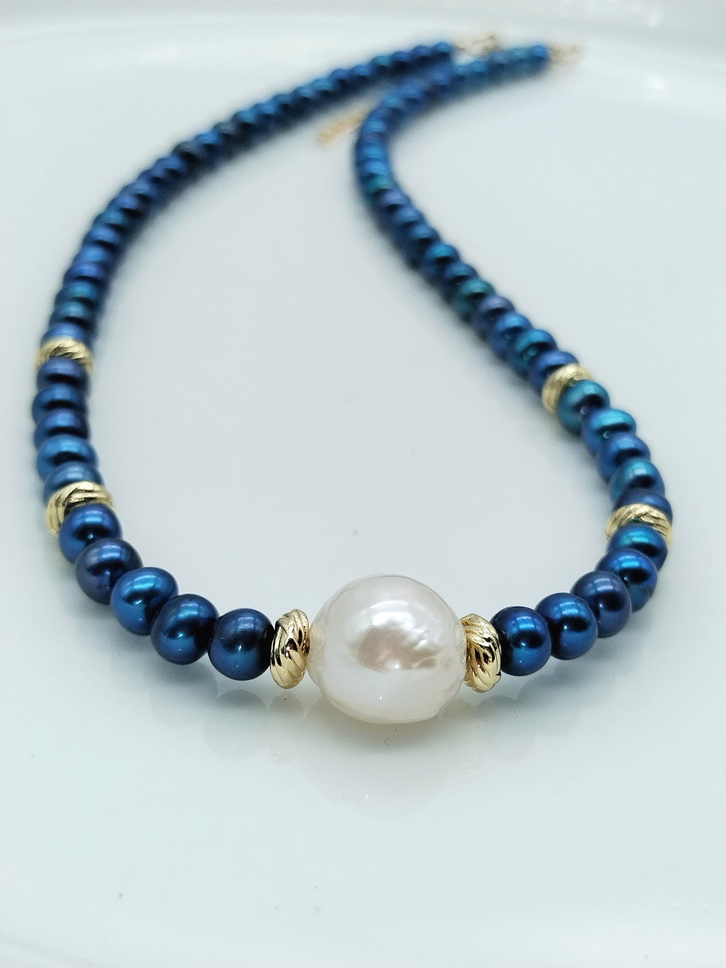 Elegant Blue Pearl Necklace with Gold Accents and Edison Focal Pearl - Trendy Statement Jewelry, Gift, Women