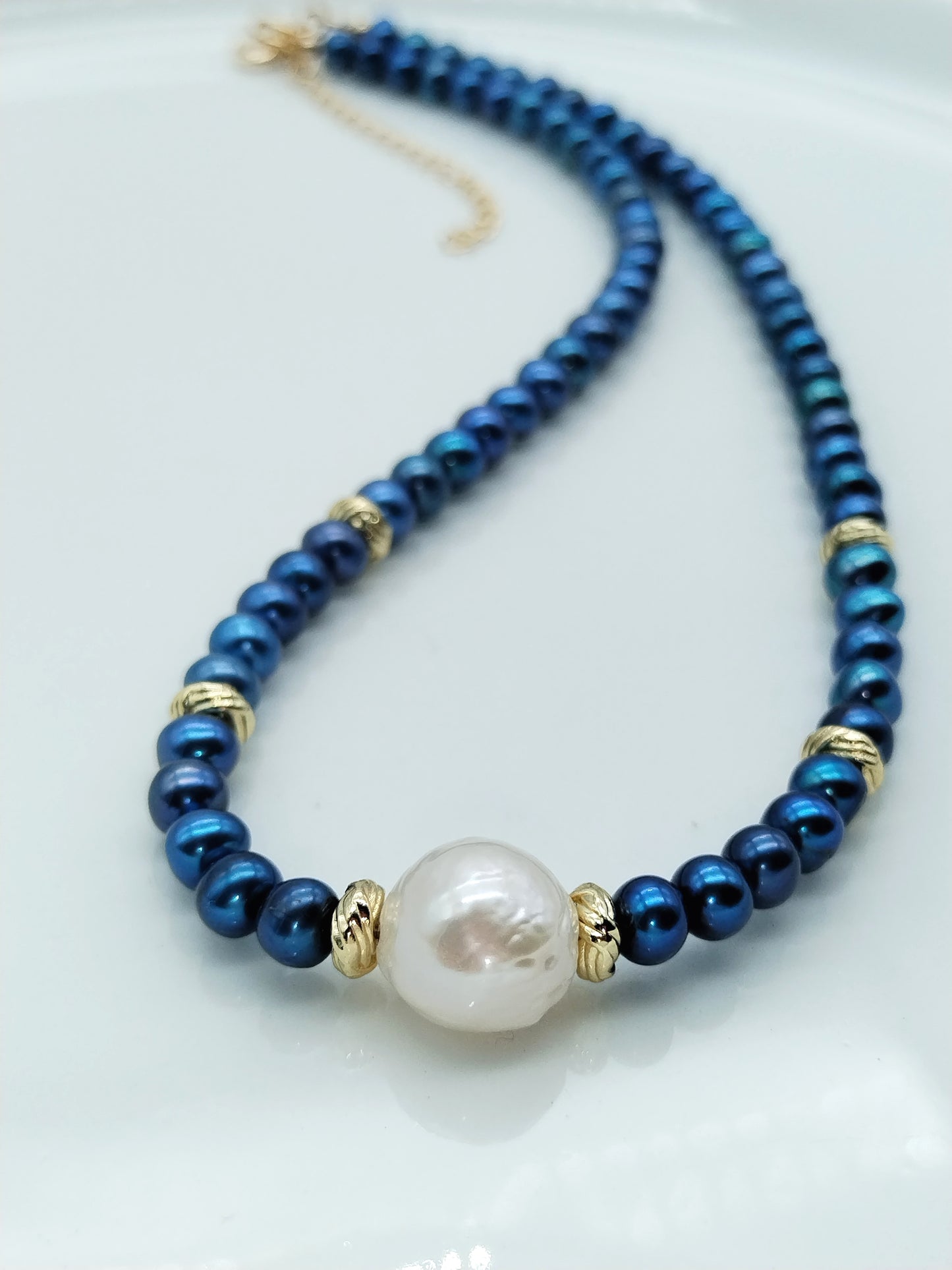 Elegant Blue Pearl Necklace with Gold Accents and Edison Focal Pearl - Trendy Statement Jewelry, Gift, Women