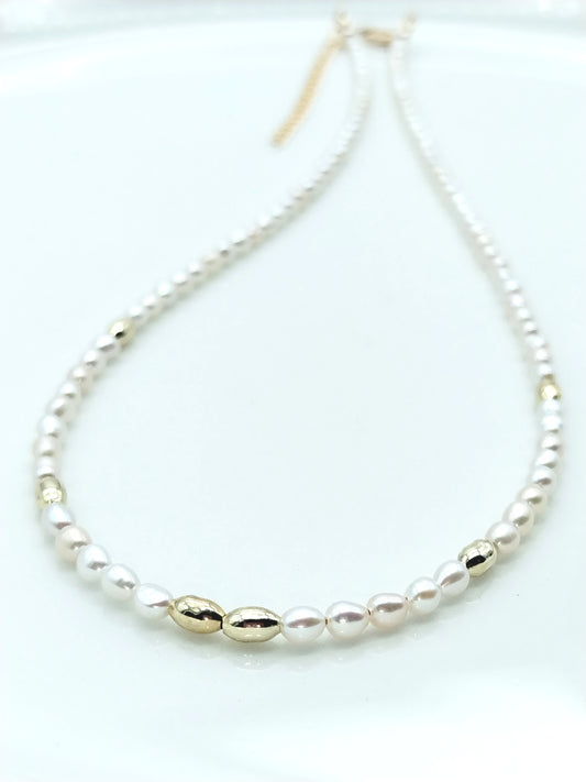 Dainty Freshwater Pearl Necklace with Gold Beads - Elegant Minimalist Jewelry for Women