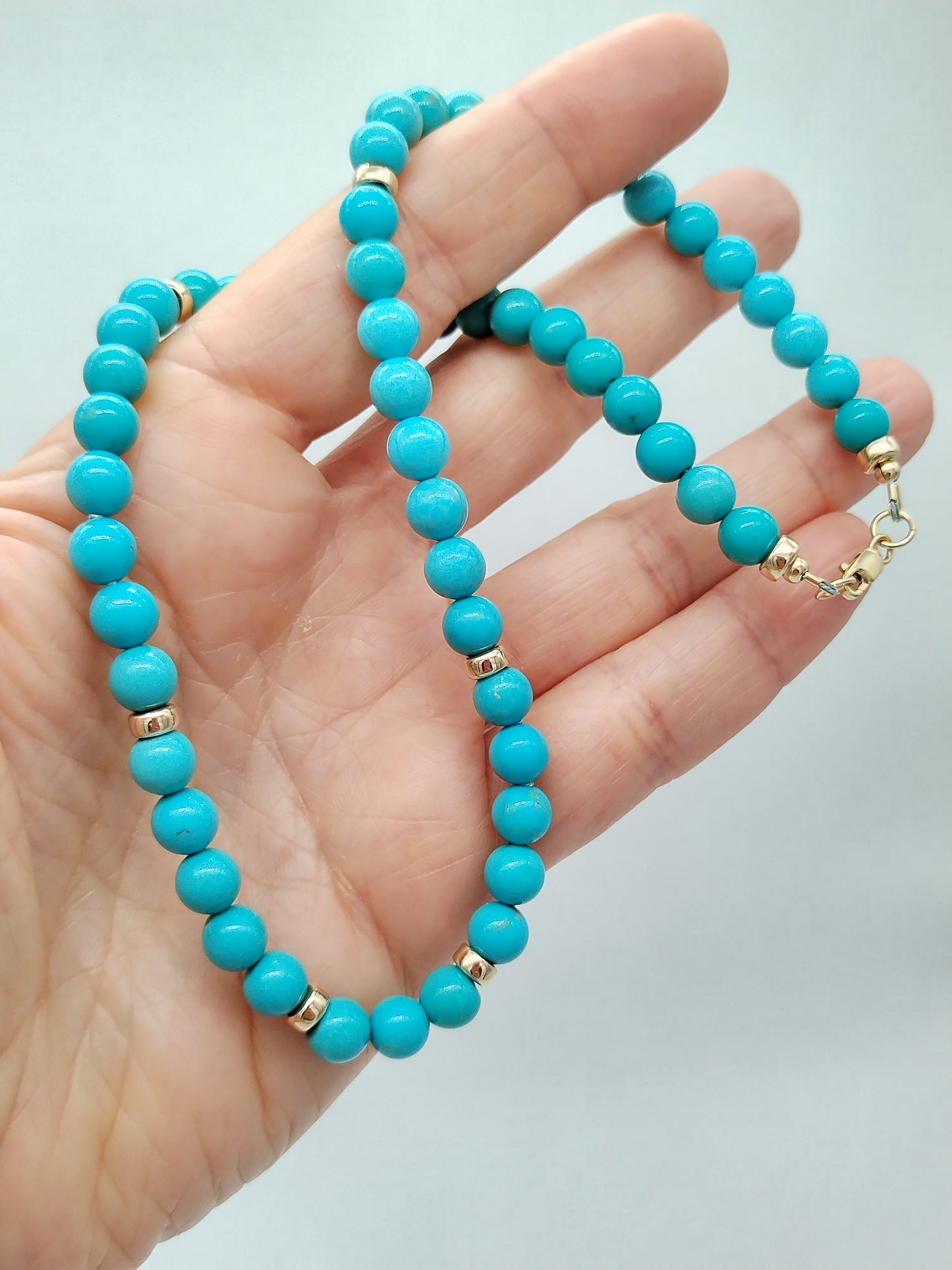 Genuine Turquoise Beads Solid Gold Necklace, Mina María Turquoise Choker, Silk Hand-Knotted it