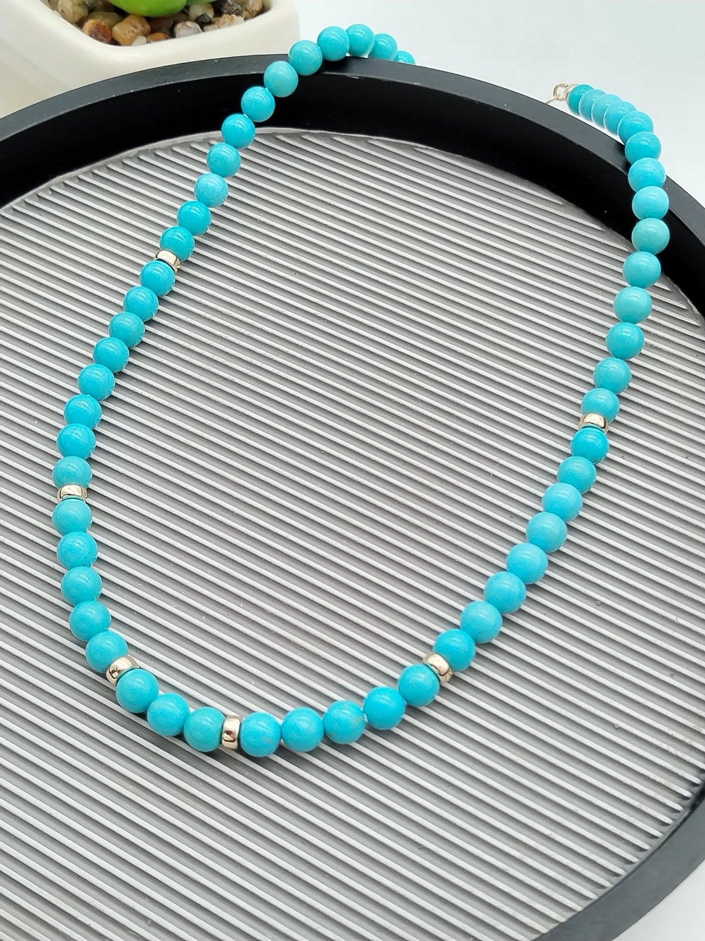 Genuine Turquoise Beads Solid Gold Necklace, Mina María Turquoise Choker, Silk Hand-Knotted it