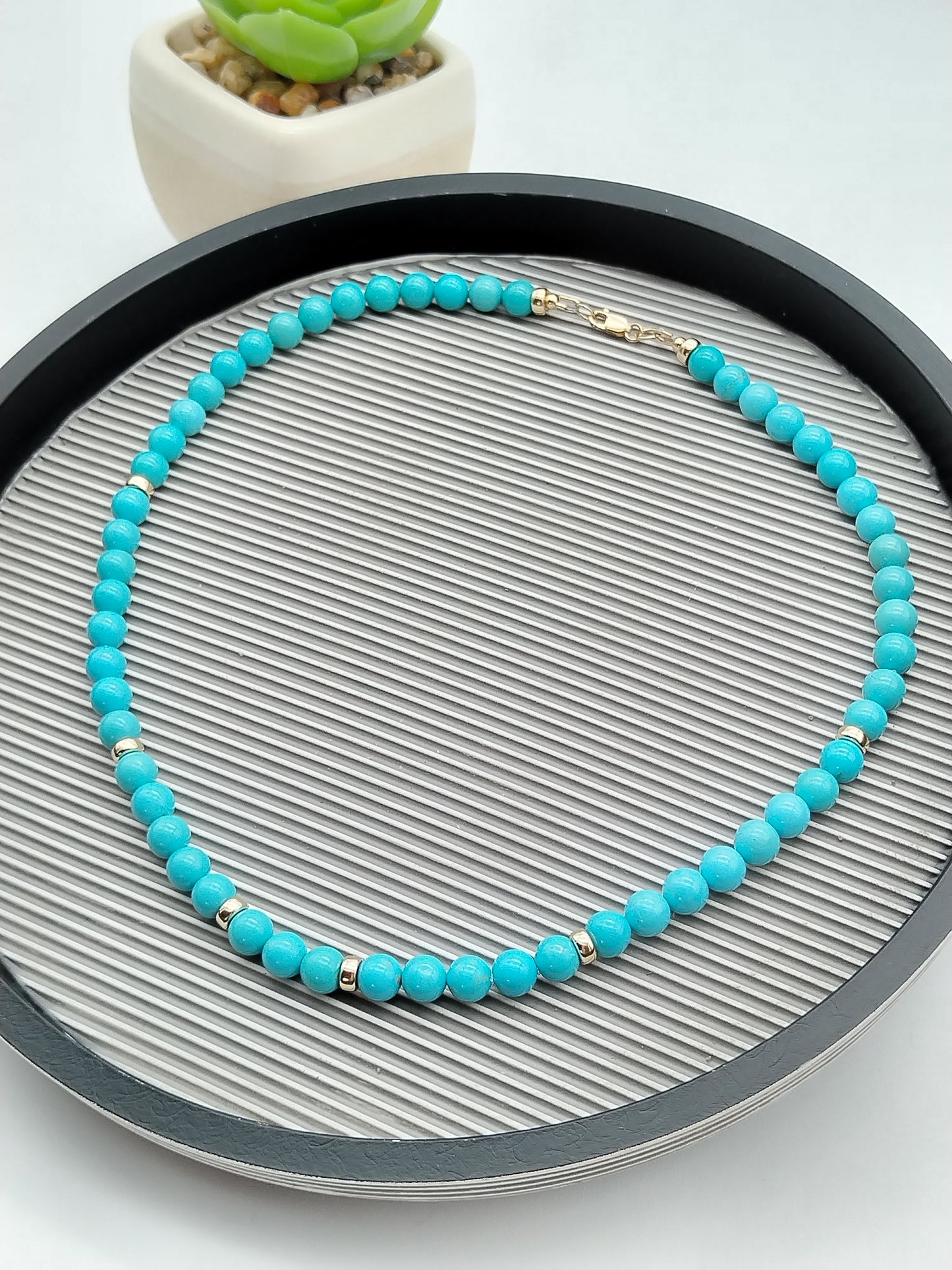 Genuine Turquoise Beads Solid Gold Necklace, Mina María Turquoise Choker, Silk Hand-Knotted it