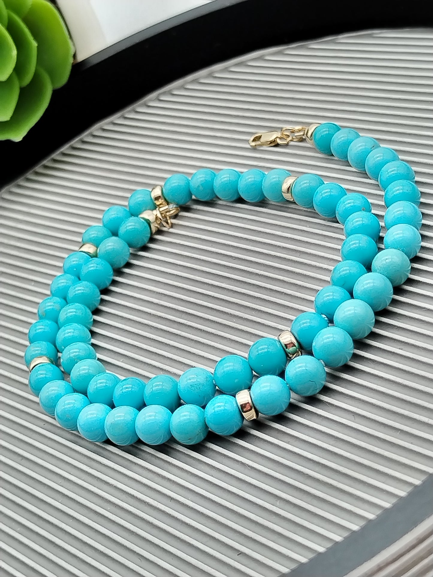 Genuine Turquoise Beads Solid Gold Necklace, Mina María Turquoise Choker, Silk Hand-Knotted it