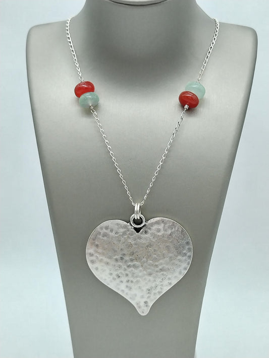 Long Sterling Silver Heart Necklace, Large Silver Heart and Chalcedony Necklace