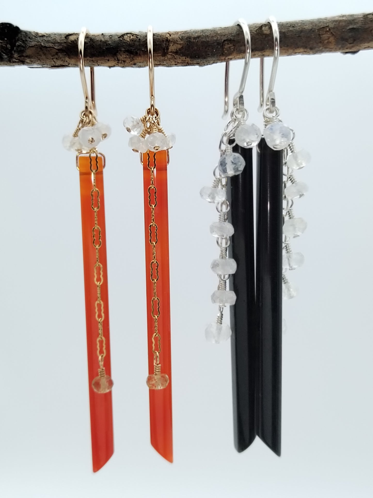 Natural Red Agate & Obsidian Dangle Earrings, Sterling Silver & Gold Filled Long Earrings