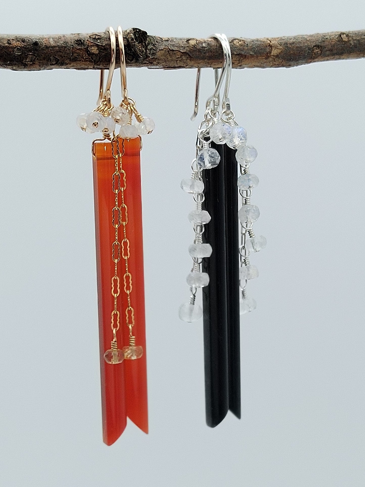 Natural Red Agate & Obsidian Dangle Earrings, Sterling Silver & Gold Filled Long Earrings