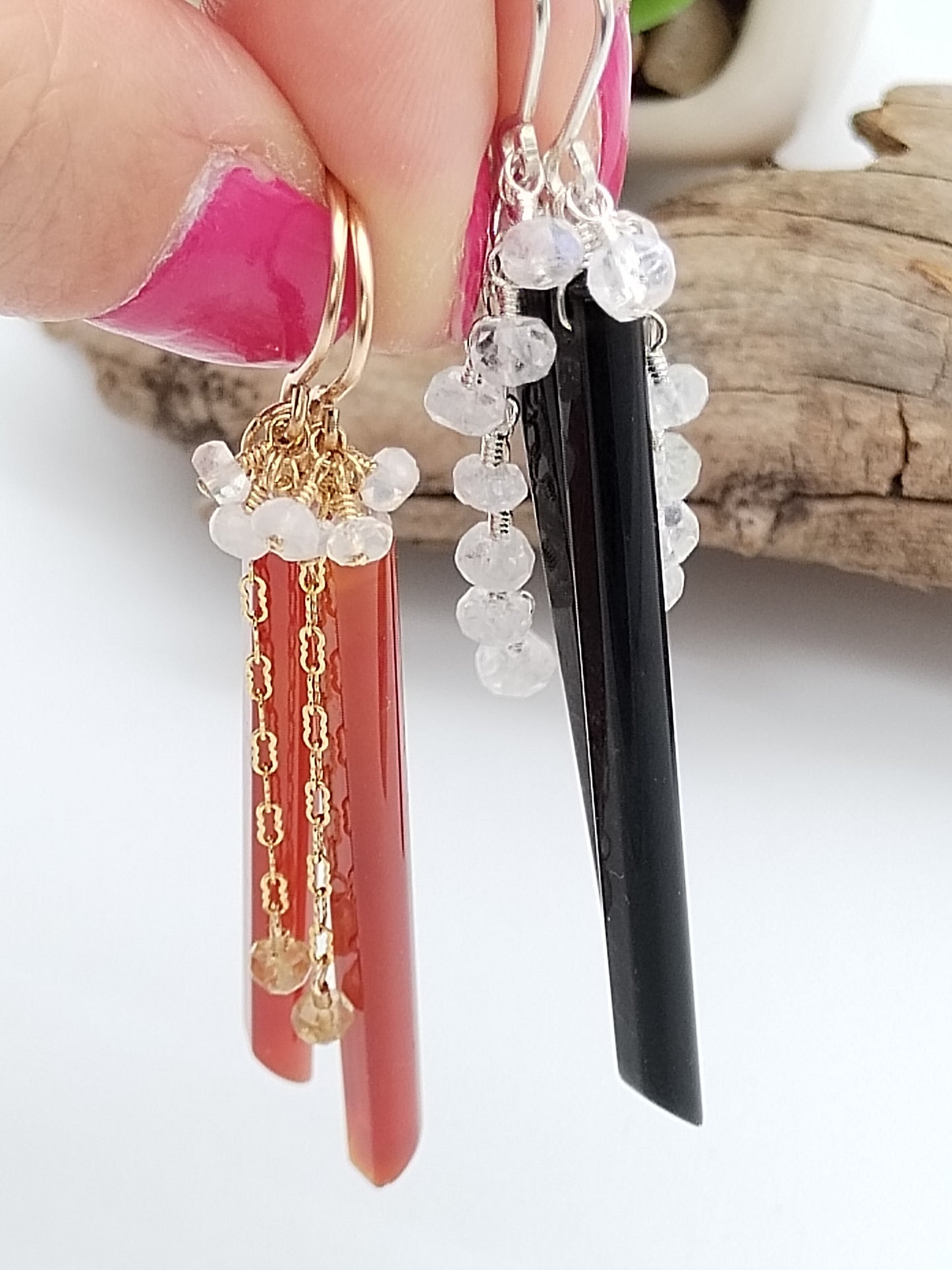 Natural Red Agate & Obsidian Dangle Earrings, Sterling Silver & Gold Filled Long Earrings