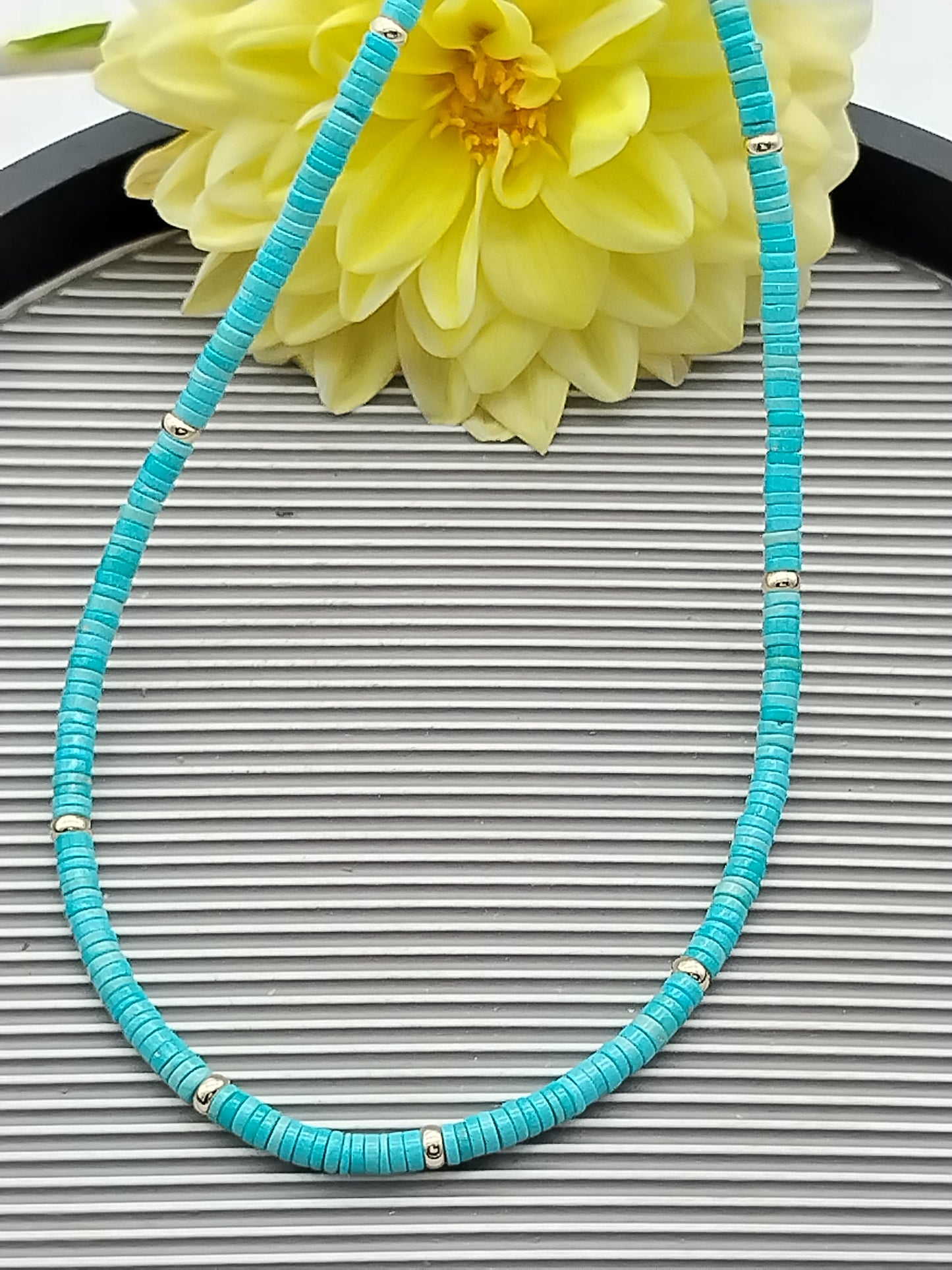 Genuine Sleeping Beauty Turquoise Heishi Necklace, 14k Solid Gold Choker