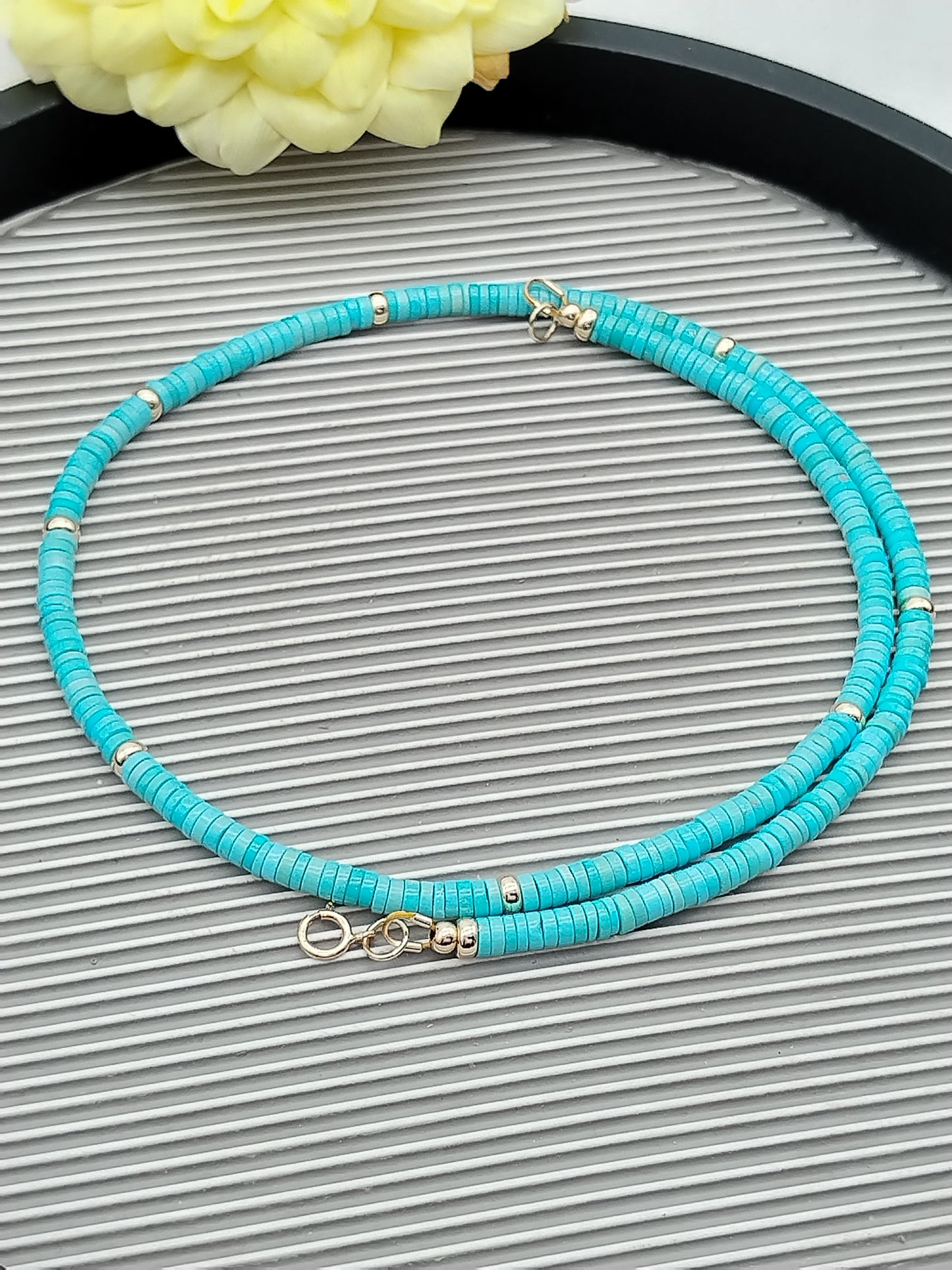 Genuine Sleeping Beauty Turquoise Heishi Necklace, 14k Solid Gold Choker