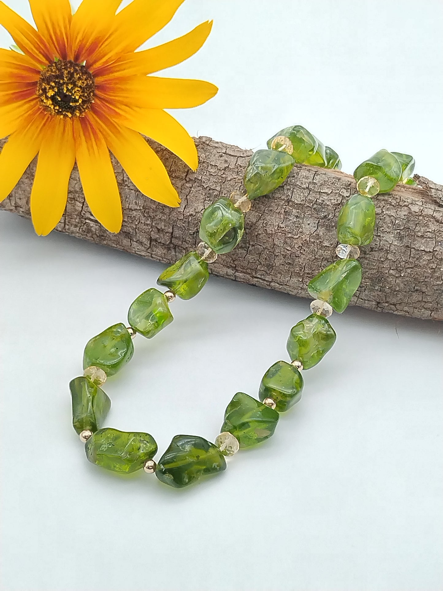 Gargantilla con pepitas de peridoto grandes, oro amarillo macizo de 14 k, collar de oro con citrino, gargantilla con piedras preciosas grandes