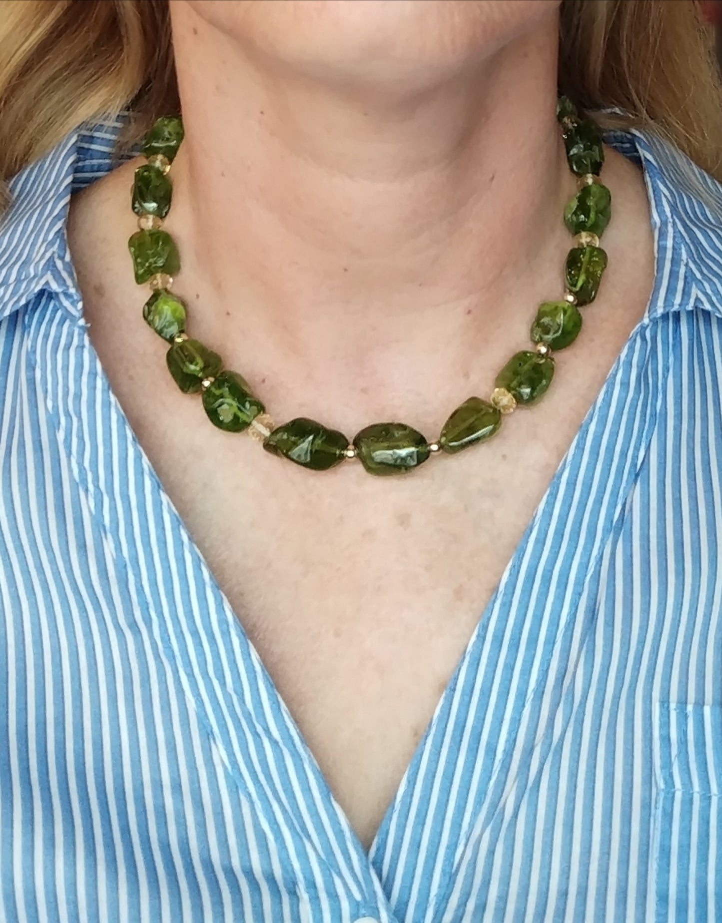 Gargantilla con pepitas de peridoto grandes, oro amarillo macizo de 14 k, collar de oro con citrino, gargantilla con piedras preciosas grandes