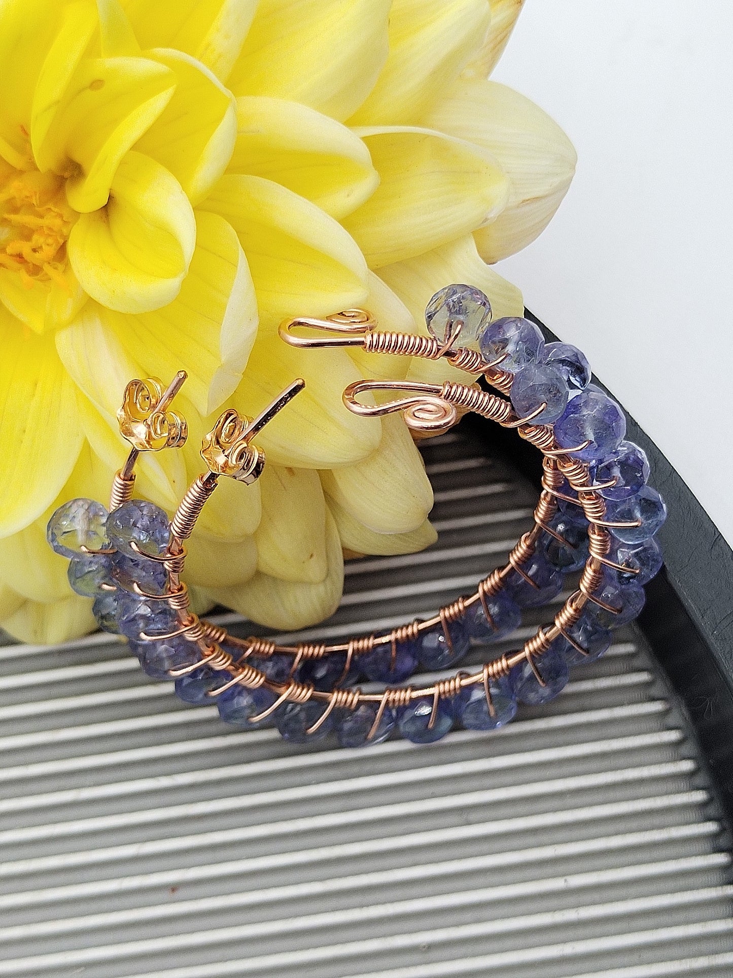 Tanzanite Hoop Earrings, 14k Rose Gold Filled