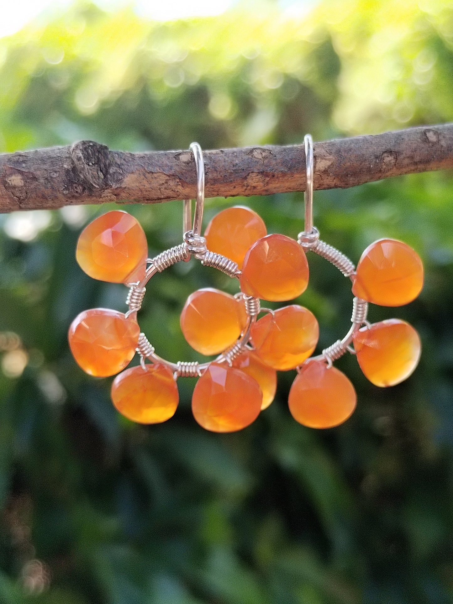 Carnelian Drop Hoop Earrings, Sterling Silver 925