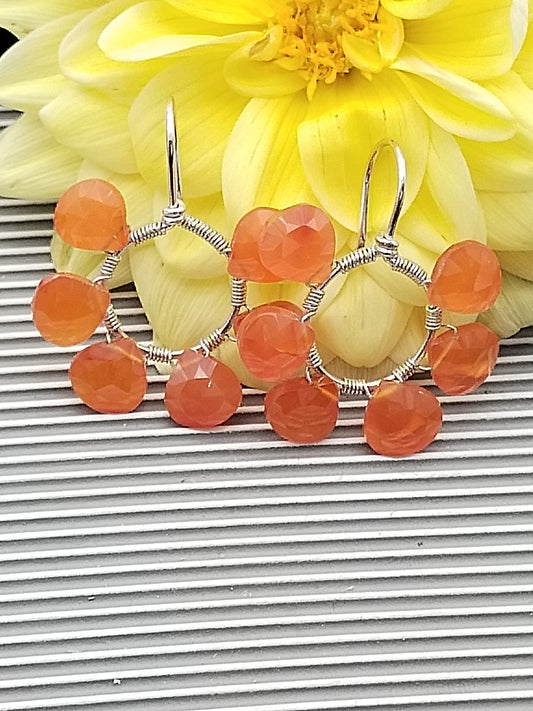 Carnelian Drop Hoop Earrings, Sterling Silver 925