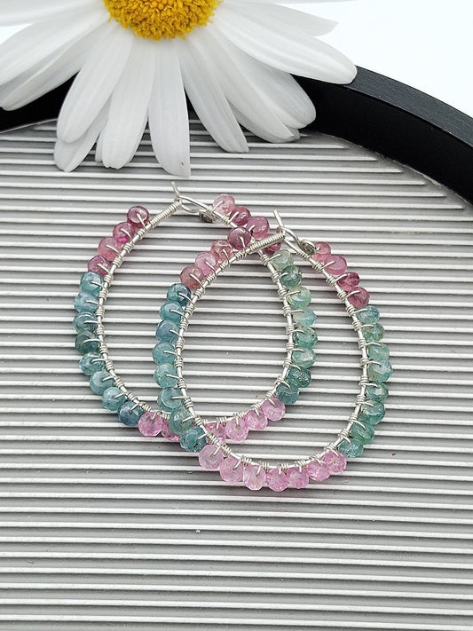 Tourmaline  Large Oval Hoop Earrings, Sterling Silver 925 Earrings