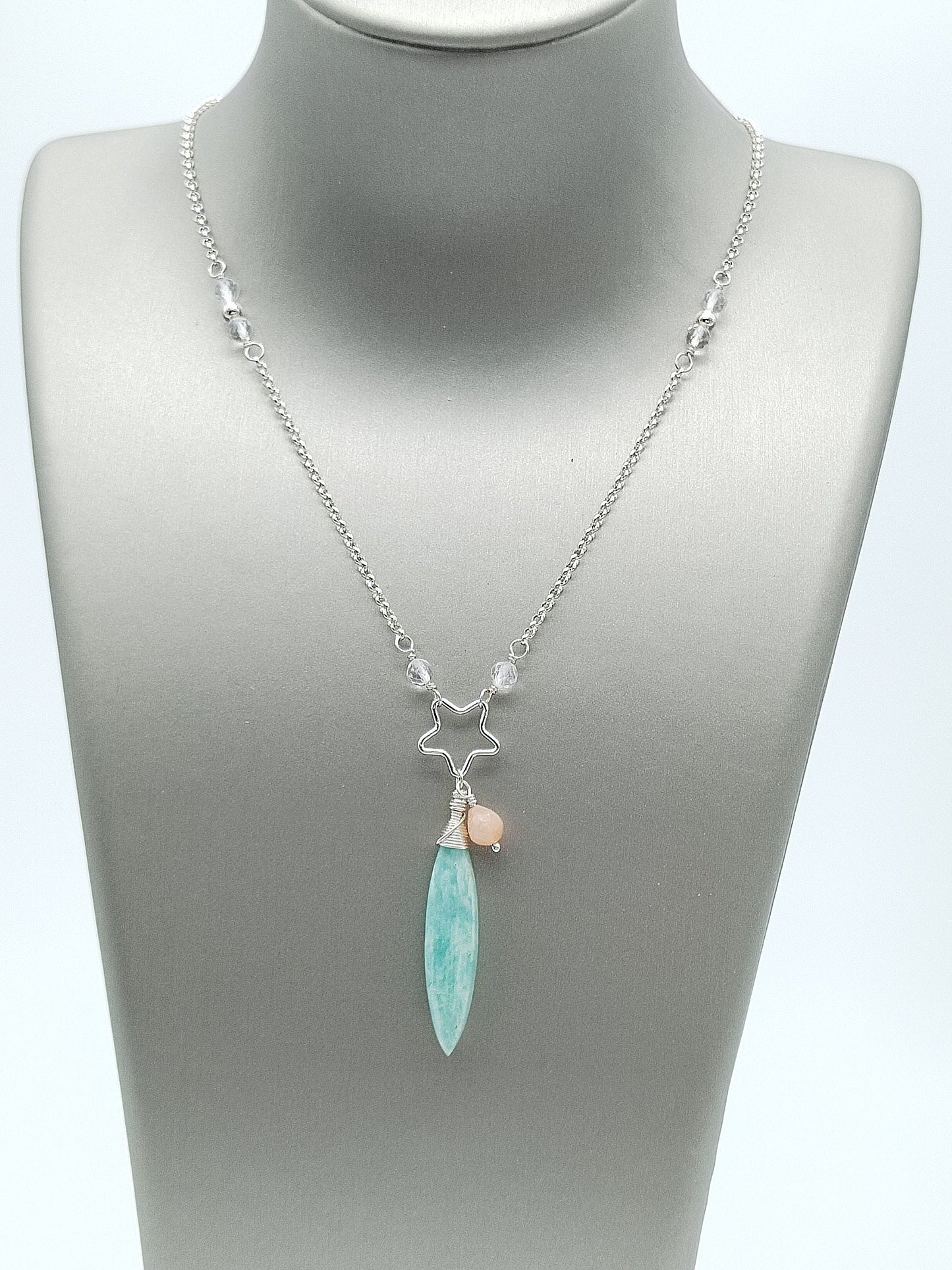 Amazonite Long Necklace, Drop Gemstone Necklace, Sterling Silver 925 Necklace