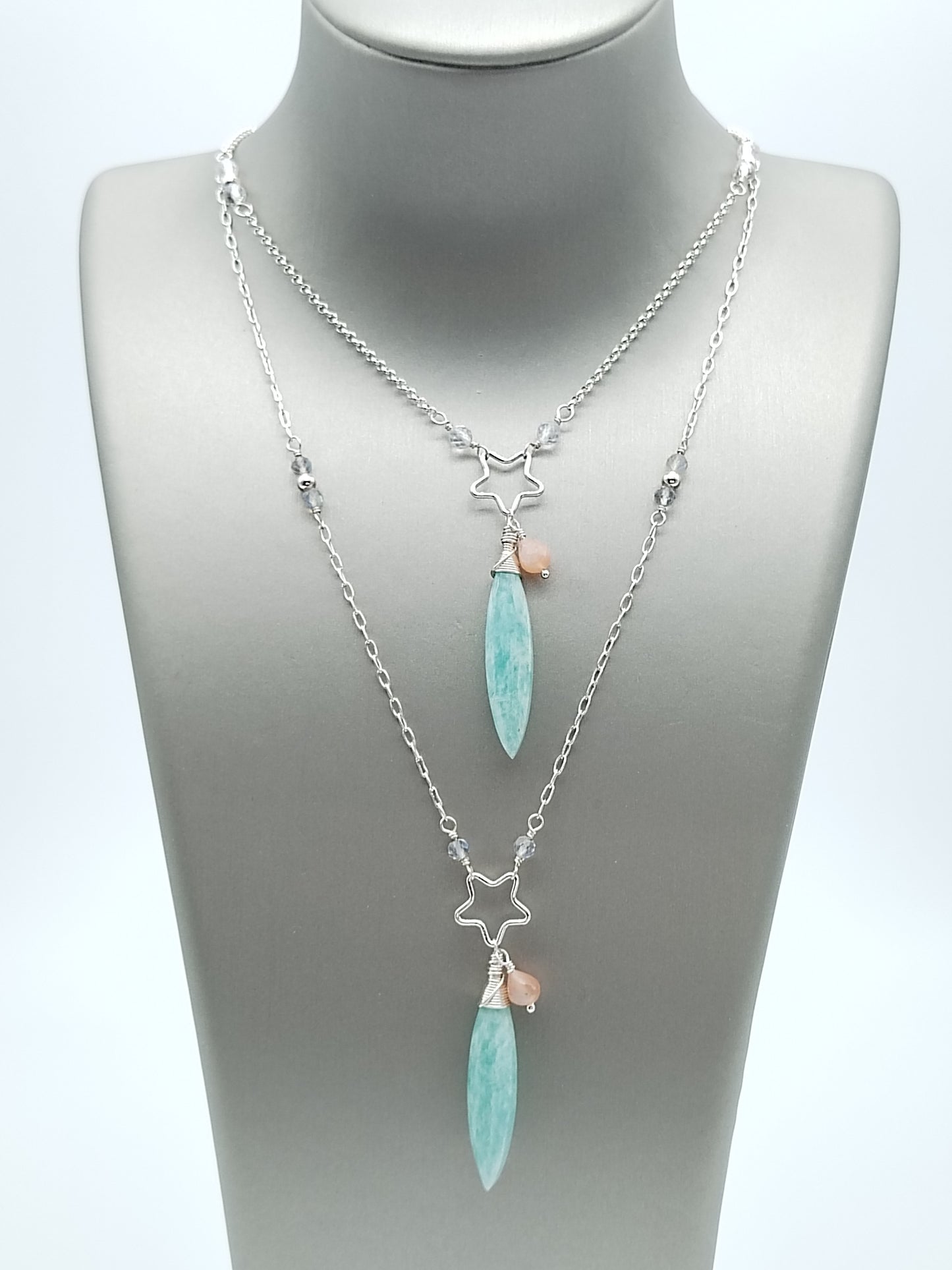 Amazonite Long Necklace, Drop Gemstone Necklace, Sterling Silver 925 Necklace