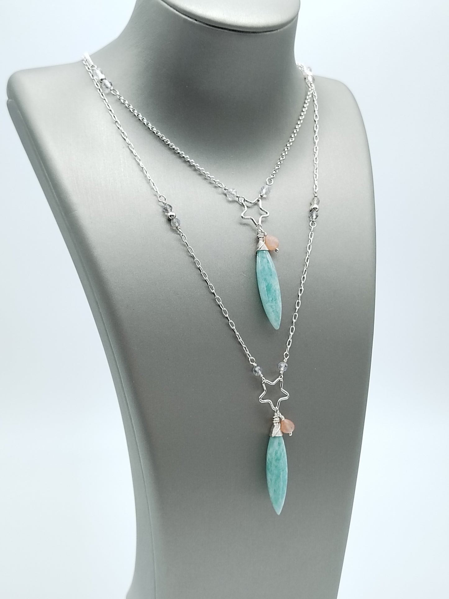 Amazonite Long Necklace, Drop Gemstone Necklace, Sterling Silver 925 Necklace