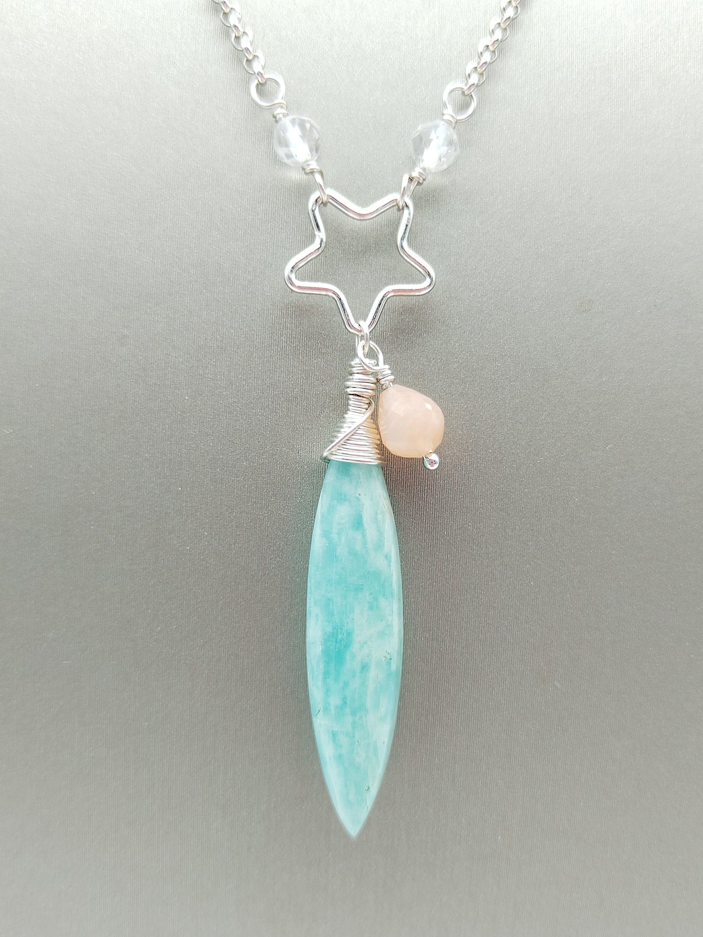 Amazonite Long Necklace, Drop Gemstone Necklace, Sterling Silver 925 Necklace