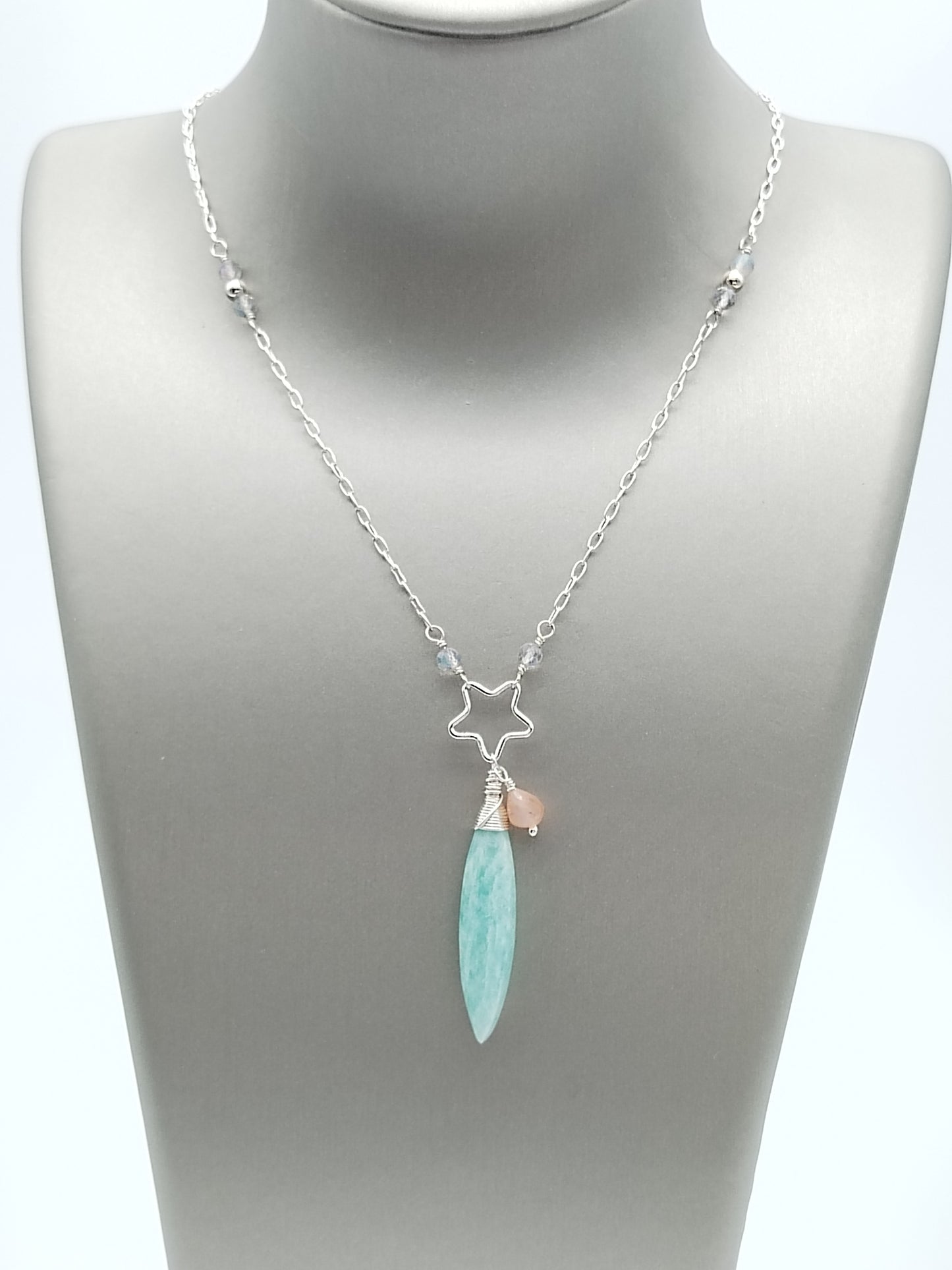 Amazonite Long Necklace, Drop Gemstone Necklace, Sterling Silver 925 Necklace