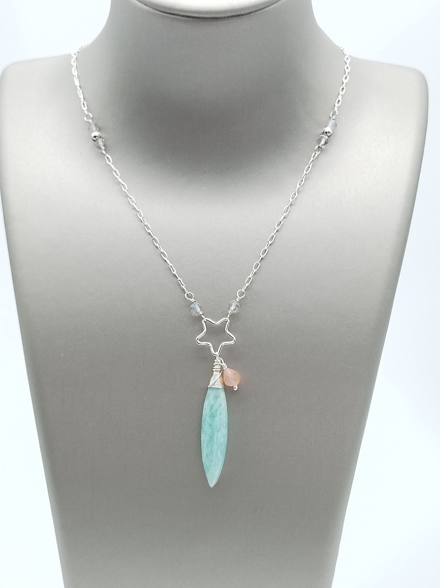 Amazonite Long Necklace, Drop Gemstone Necklace, Sterling Silver 925 Necklace