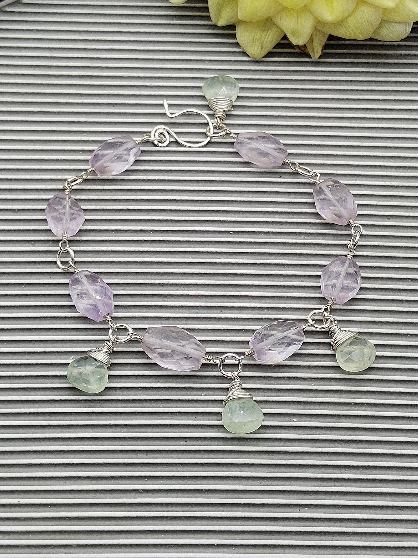 Amethyst and Prehnite Dangle Bracelet, Sterling Silver Bracelet