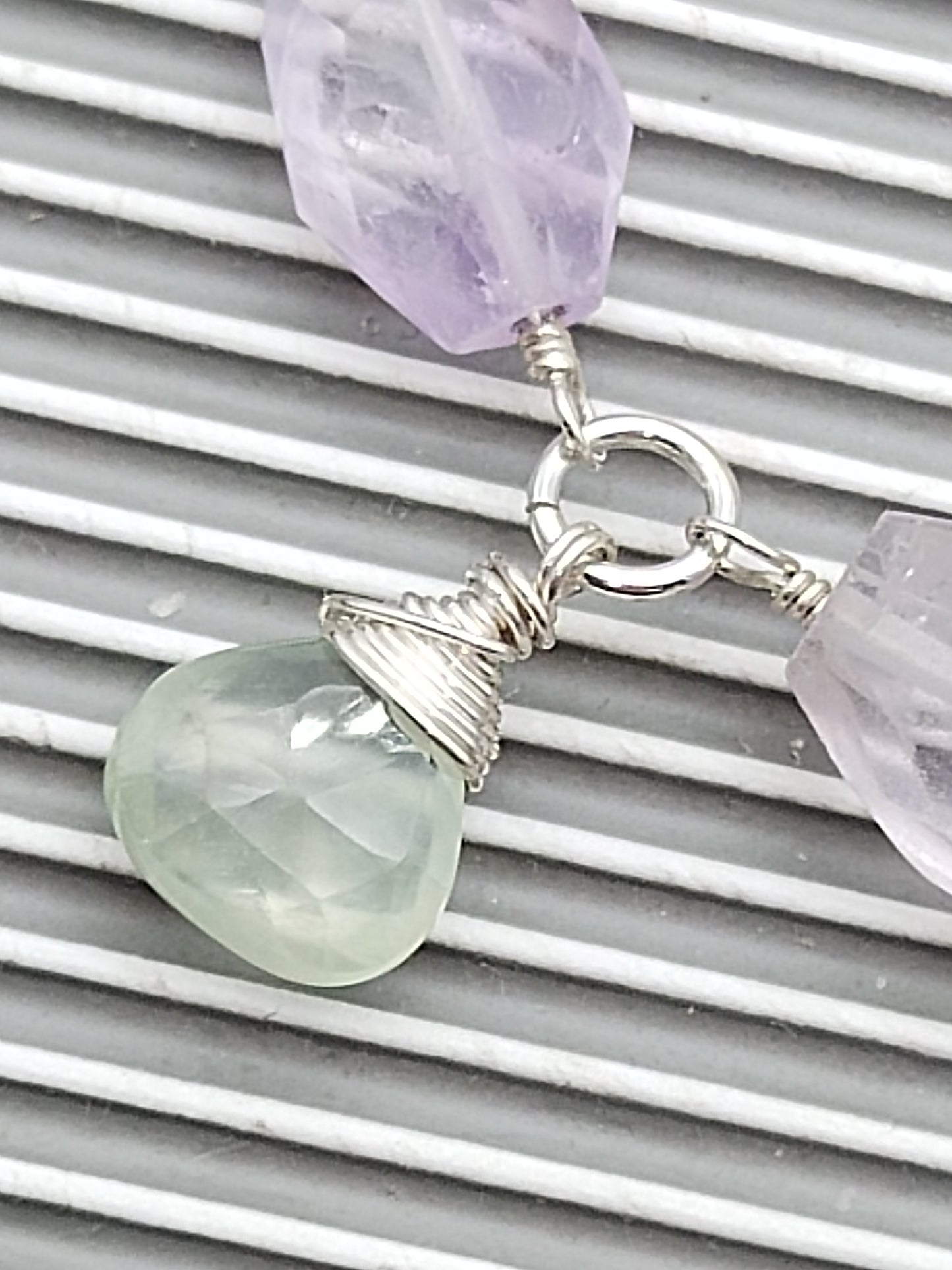 Amethyst and Prehnite Dangle Bracelet, Sterling Silver Bracelet