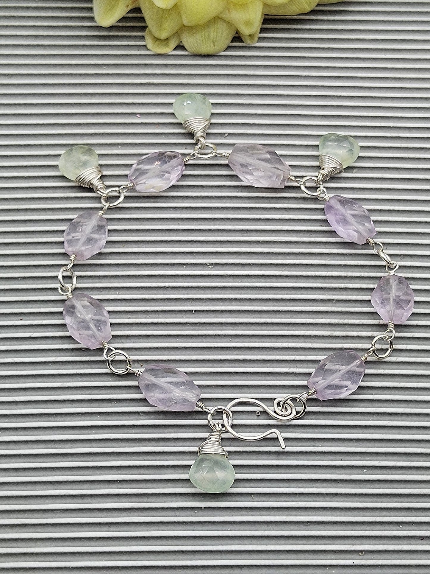 Amethyst and Prehnite Dangle Bracelet, Sterling Silver Bracelet