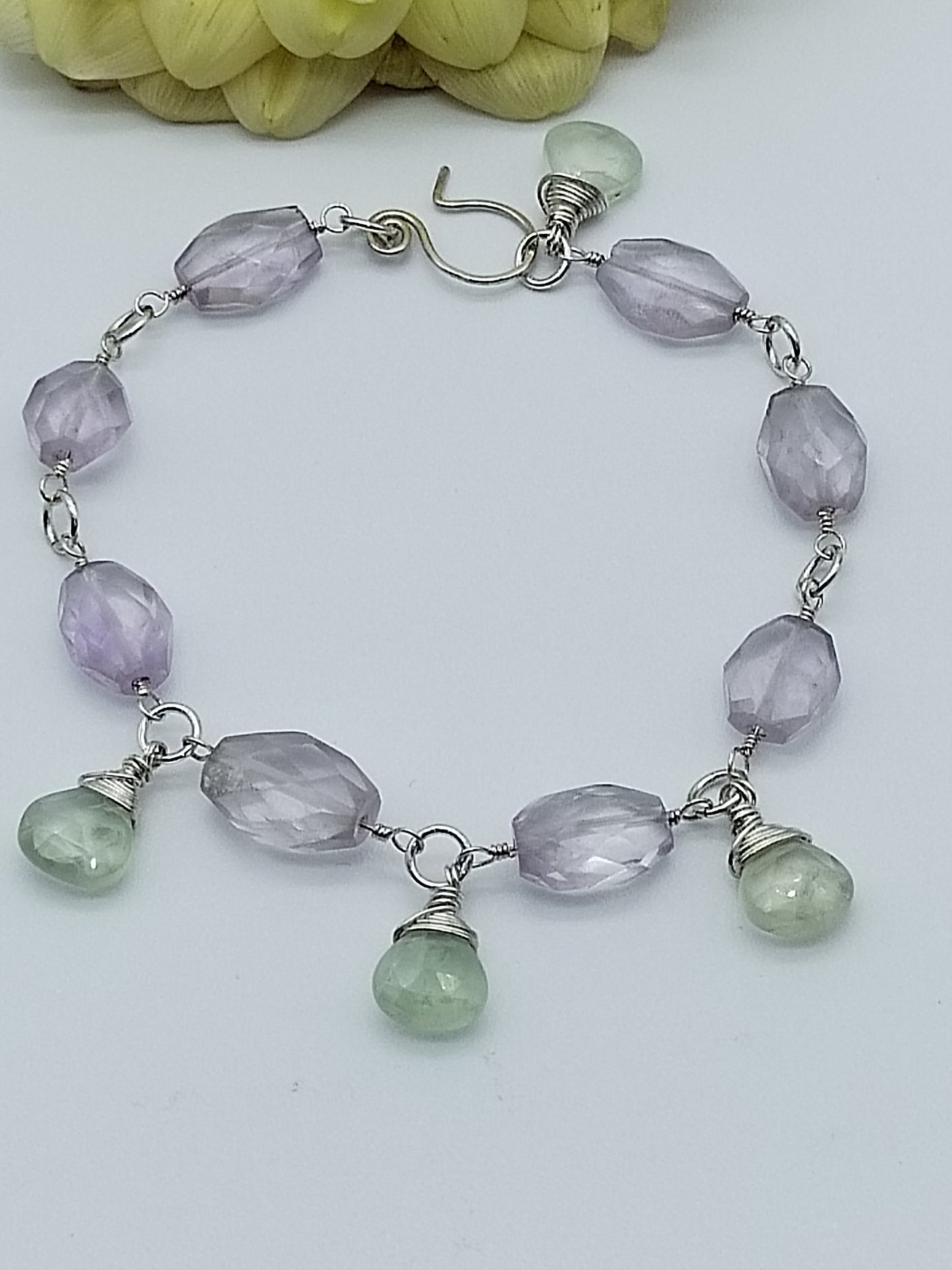 Amethyst and Prehnite Dangle Bracelet, Sterling Silver Bracelet