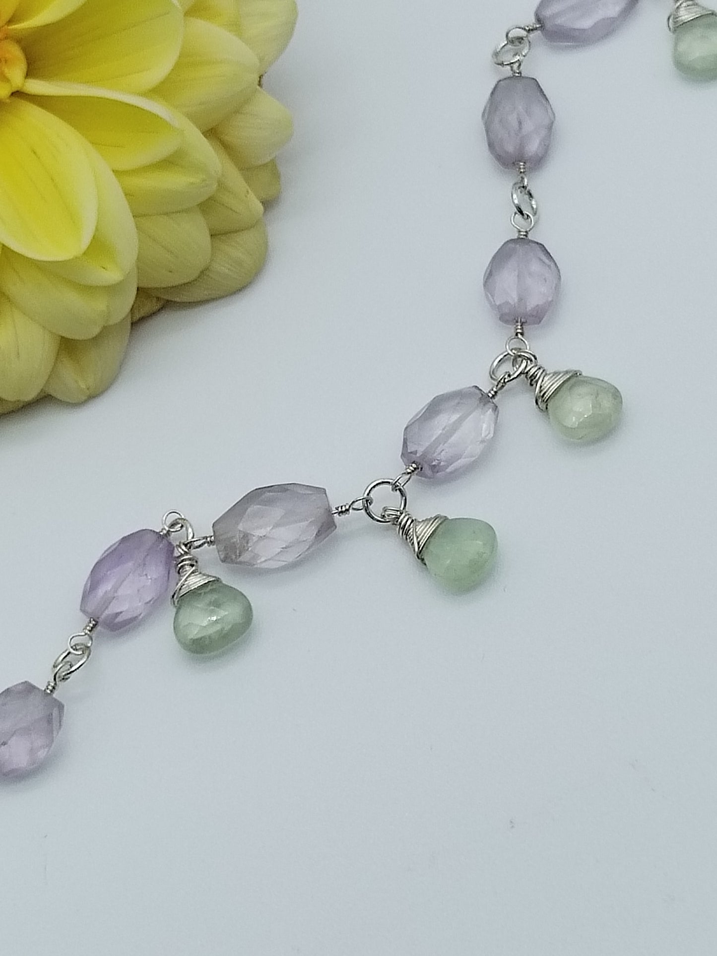 Amethyst and Prehnite Dangle Bracelet, Sterling Silver Bracelet