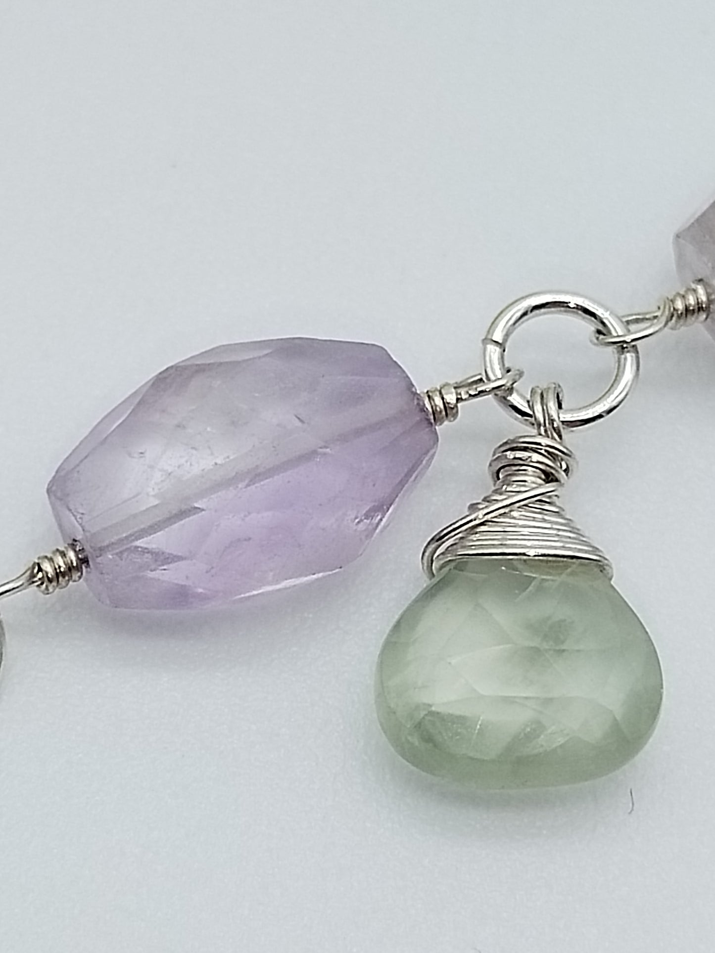 Amethyst and Prehnite Dangle Bracelet, Sterling Silver Bracelet