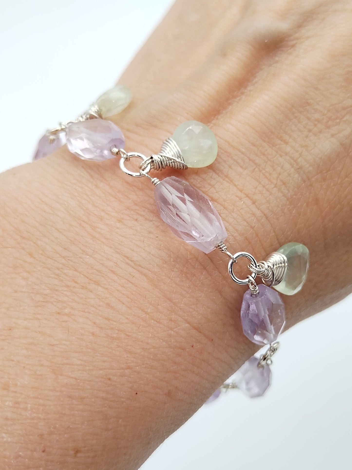 Amethyst and Prehnite Dangle Bracelet, Sterling Silver Bracelet